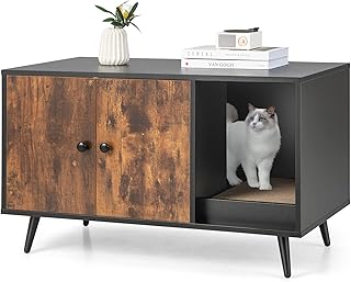 Tangkula Cat Litter Box Enclosure, Cat Washroom W/Divider, Scratching Pad, Metal Leg, Enclosed Cat Box Cabinet Pet House W/Double Doors, Litter Box Furniture Hidden for Large Cat (Rustic Brown)