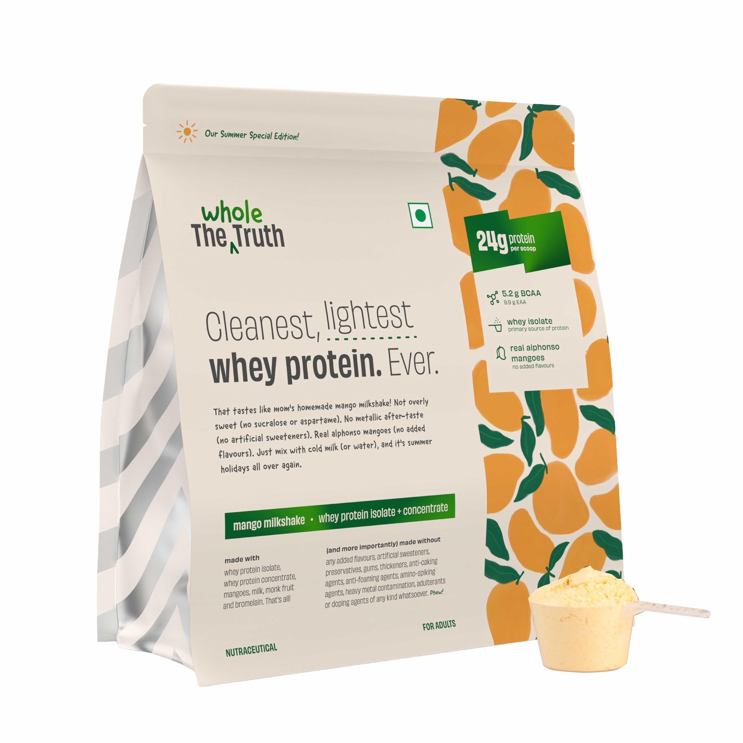 The Whole Truth Whey Protein Isolate+Concentrate Mango Milkshake 1Kg (2.2 Lbs) I 24G Protein/Scoop I Authentic Whey I Made with Real Alphonso Mangoes Clean, Light & Easy to Digest
