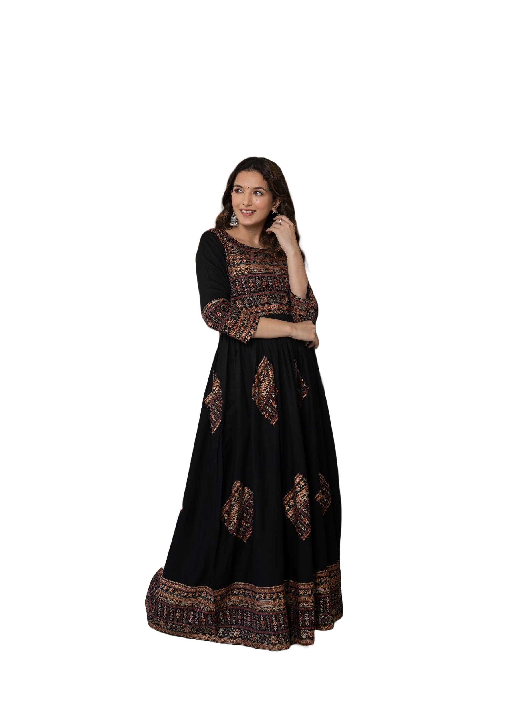 daevish New Gold Printed 3/4 Sleeves Flared Maxi Length Dress for Women & Girl's | Maxi Dress for Women | Women Flared Dress-picture-25