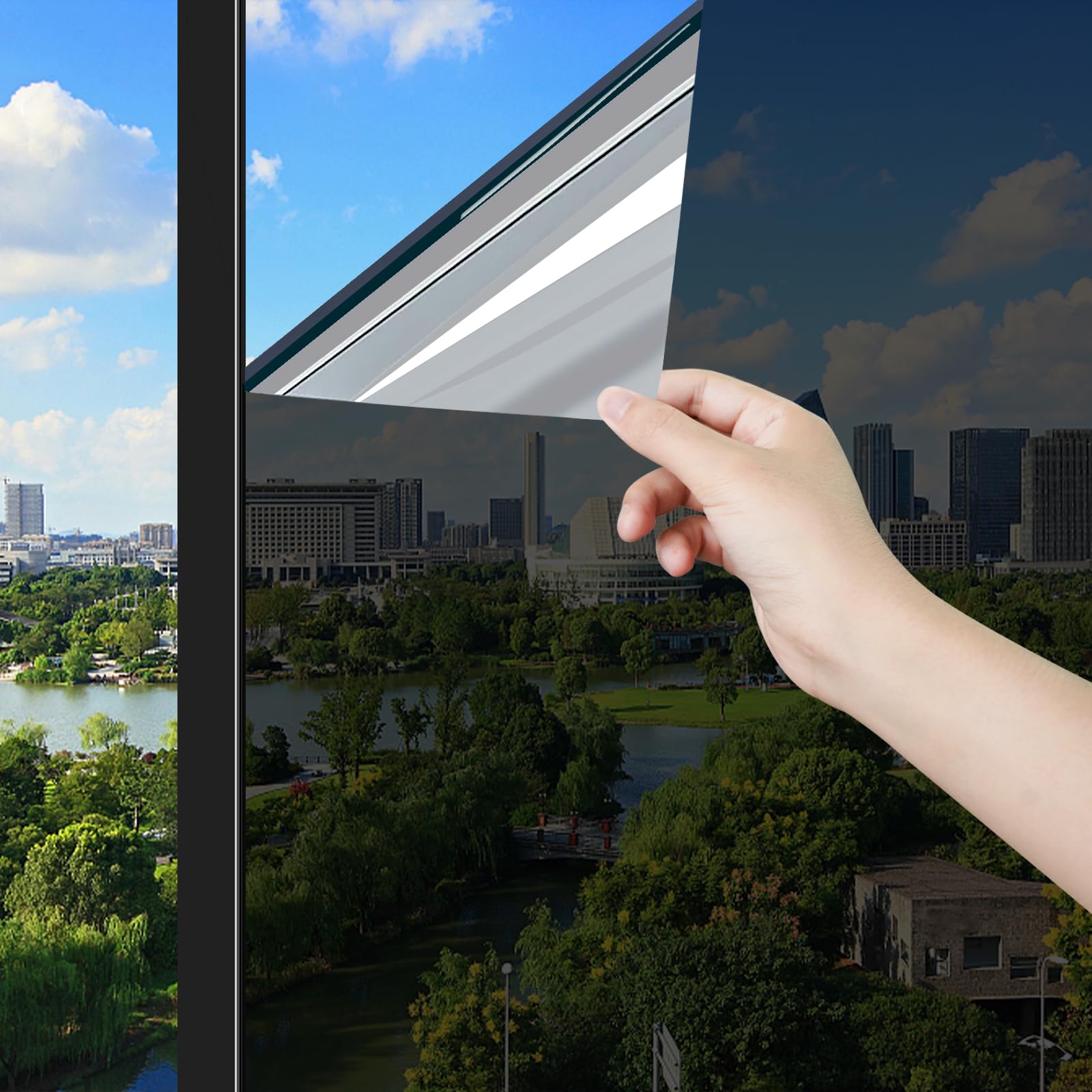 ConCus-T One Way Window Film, Heat Control Sun Blocker, Anti Glare Blackout Mirror Effect UV Solar Film, Static Cling, Black Silver, 44.5 x 400cm
