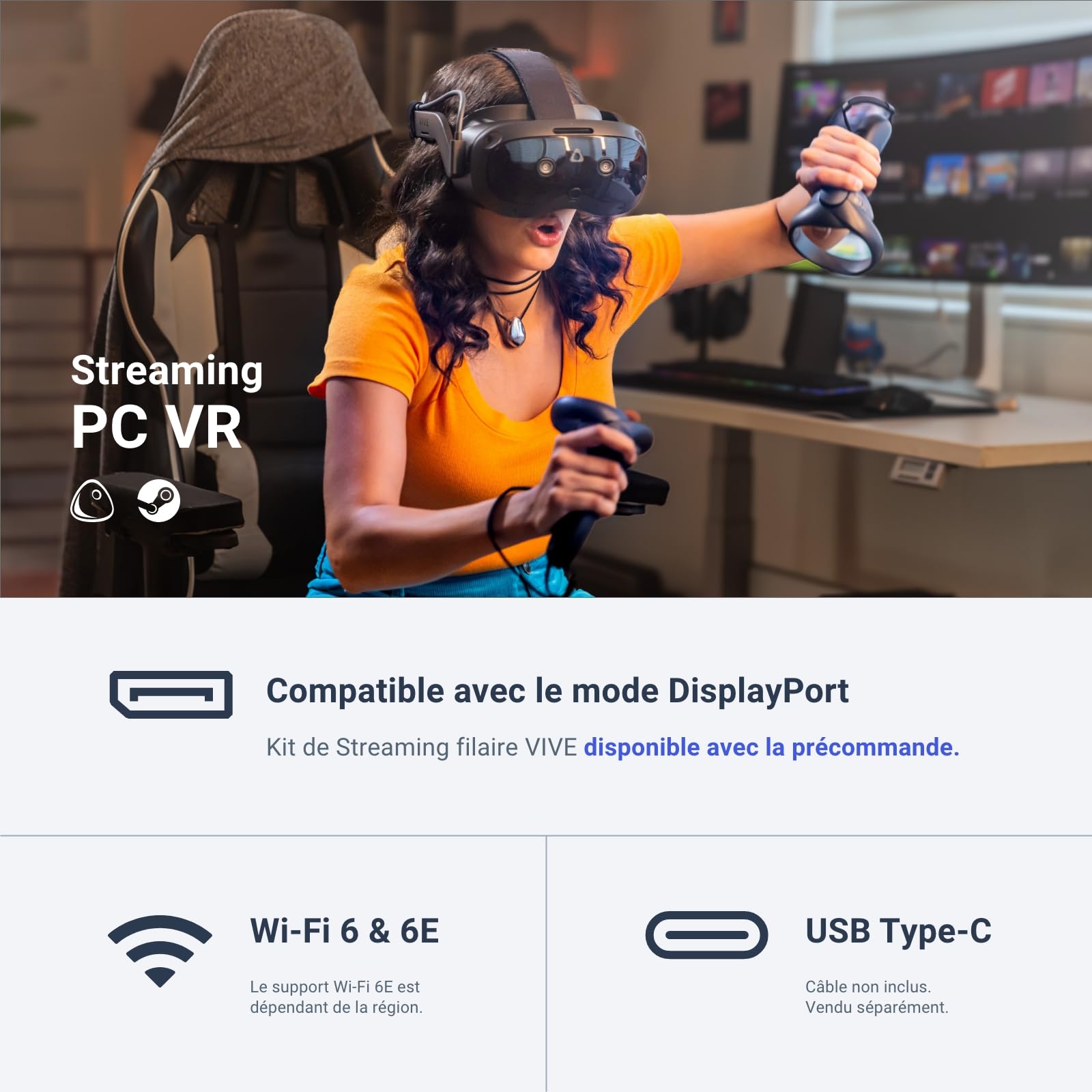 HTC Vive Focus Vision Ensemble — Casque de réalité Mixte et PC VR + contrôleurs — Édition Grand Public + Kit de Streaming Filaire Vive — Compatible avec Le Mode DisplayPort