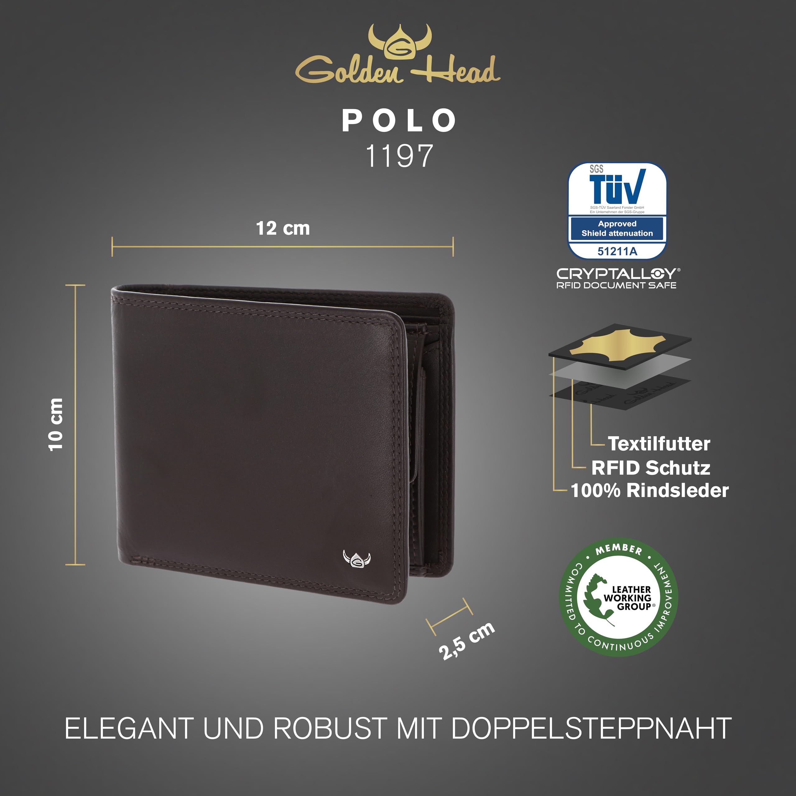 Golden Head Leder Geldbörse Polo RFID Protect Scheintasche 1197 Dunkelbraun