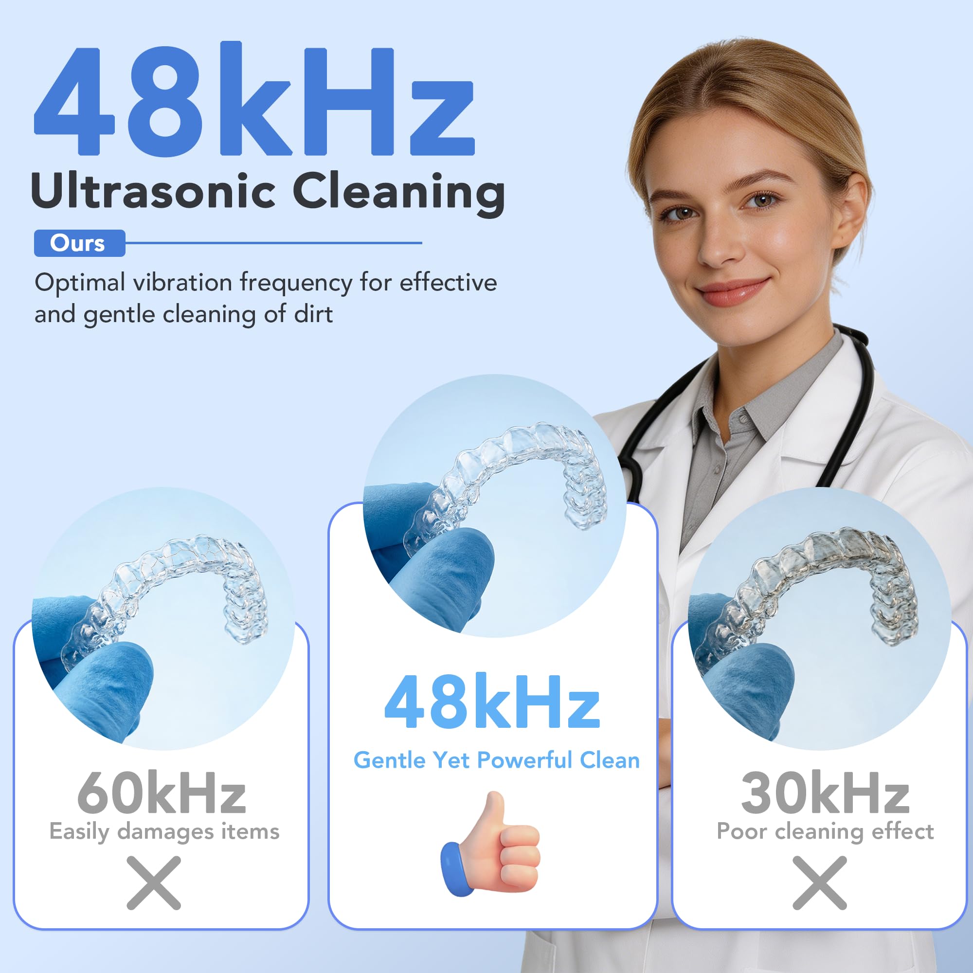 Xbeauty Macchina per la pulizia a ultrasuoni per protesi, 48 kHz con 4 modalità temporizzate, timer digitale per fermi, paradenti, bretelle, allineatori, spazzolini da denti e gioielli, rosa chiaro