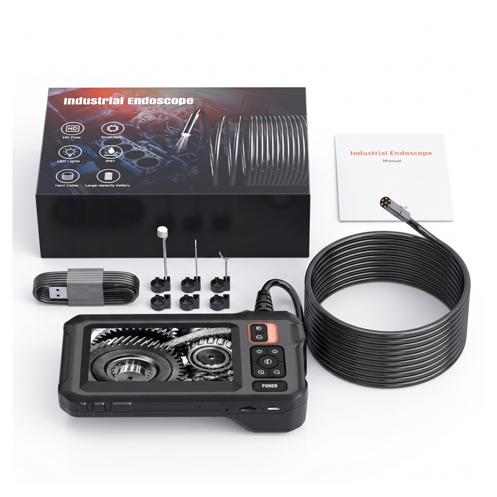 Cámara endoscópica de Doble Cabezal 1920P IP67 Resistente al Agua, Pantalla IPS de 4,3 Pulgadas, boroscopio de inspección de alcantarillado con Cable semirrígido de 16,4 pies(2M)