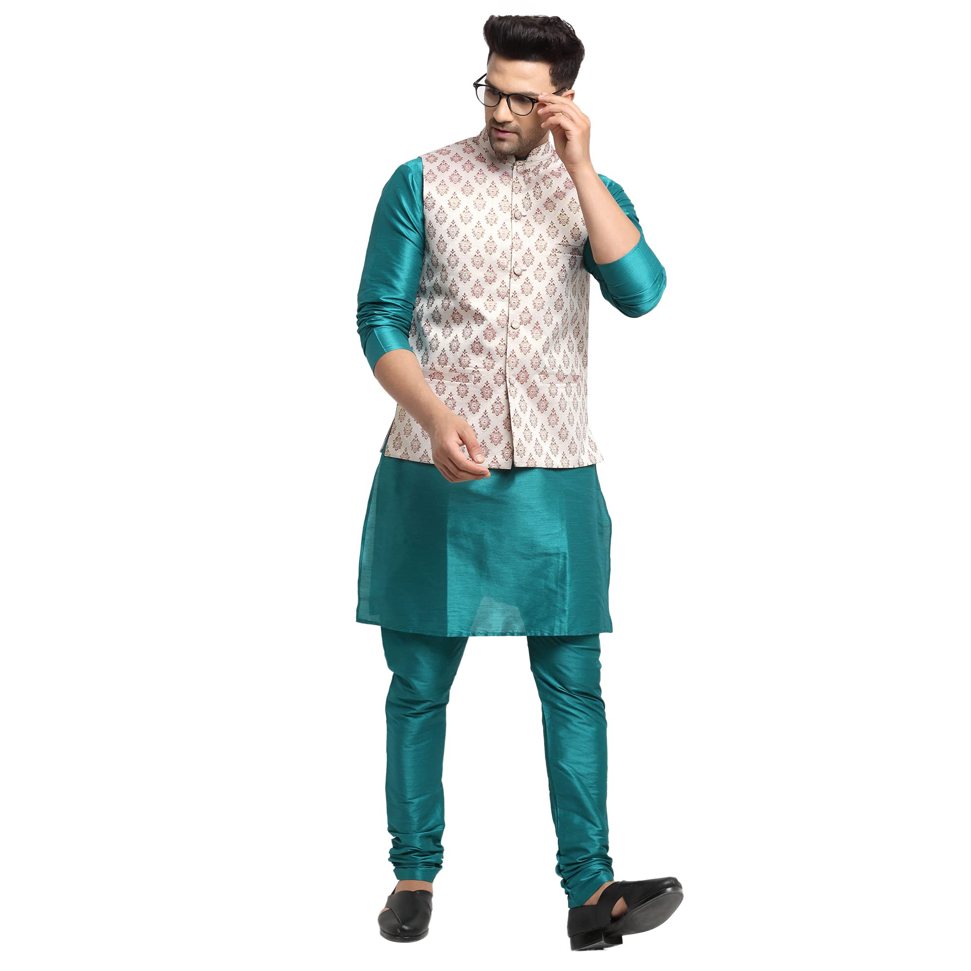 abh lifestyle Men's Silk Blend Kurta Pyjama & Printed Nehru Jacket Set.-picture-12