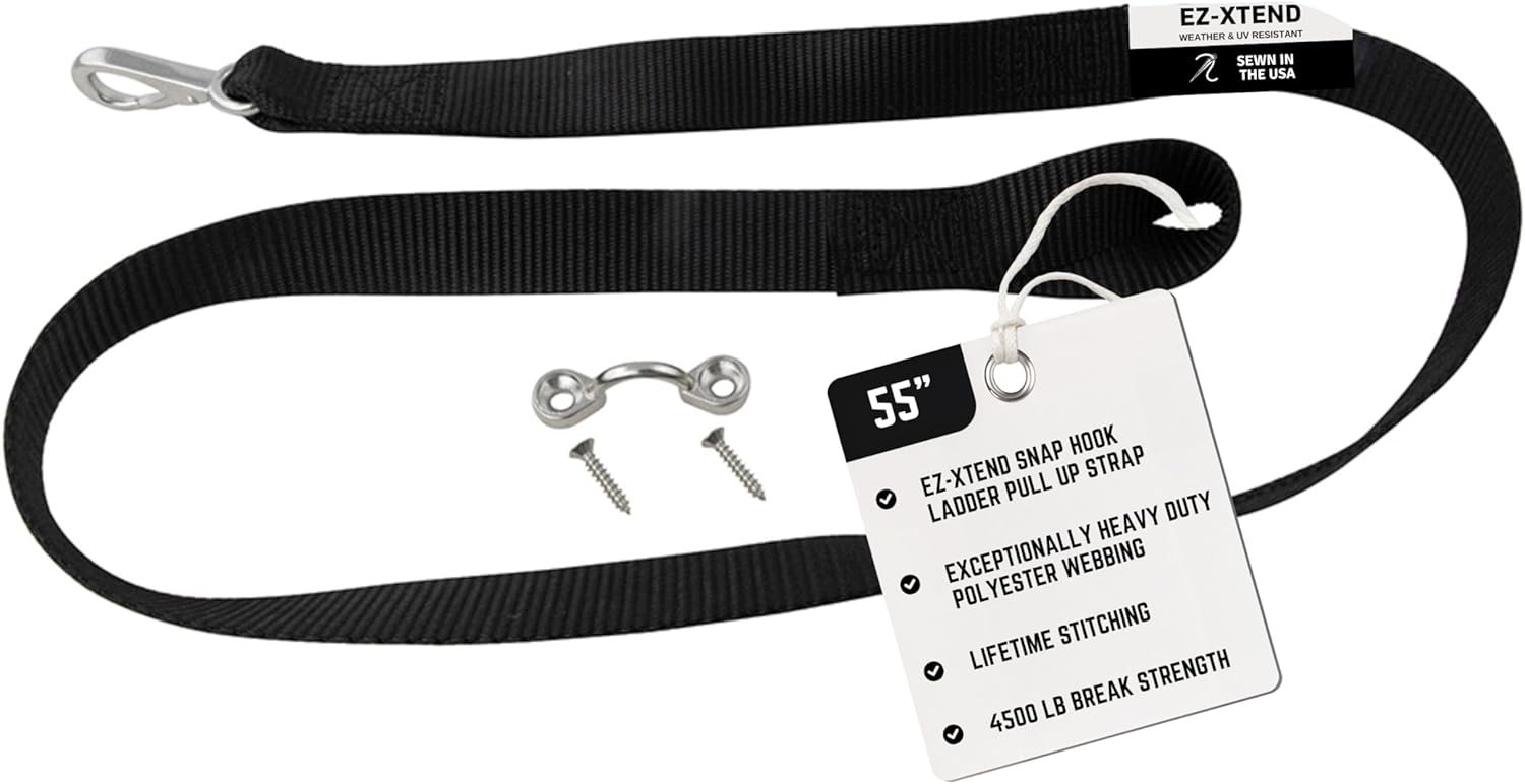 EZ-Xtend Pontoon Ladder Pull Up Strap Using Snap Hook System - Made with Heavy Duty 4500 LB Breaking Strength 1" Black Polyester Webbing, Stainless Steel Snap Hook, and Lifetime Thread