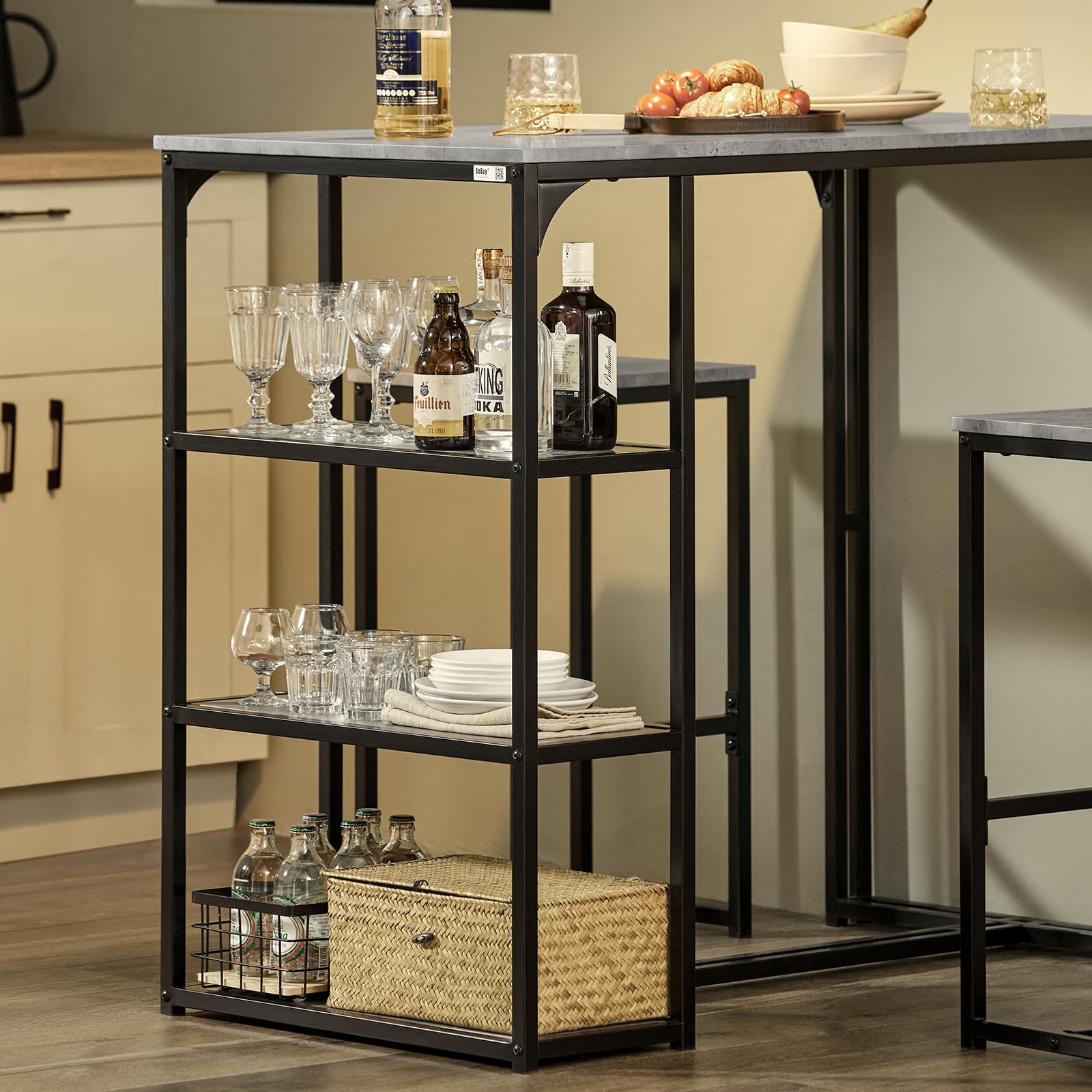 SoBuy Ensemble de Meubles de Balcon Lot de 3 Tables + 2 tabourets, Table Haute 3 étagères Gris OGT43-HG