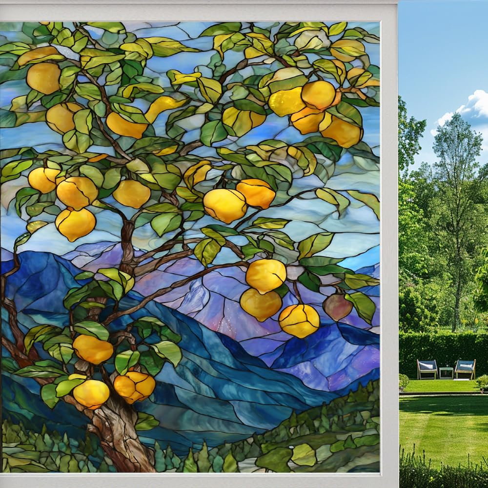 Pmlbaous Natural Branch Lemon Stained Glass Window Film, Vintage Fruit Tree Peel And Stick Privacy Film, Frosted Adhesive Vinyl Decorative For Bathroom Windows Glass Doors, （80X140cm）