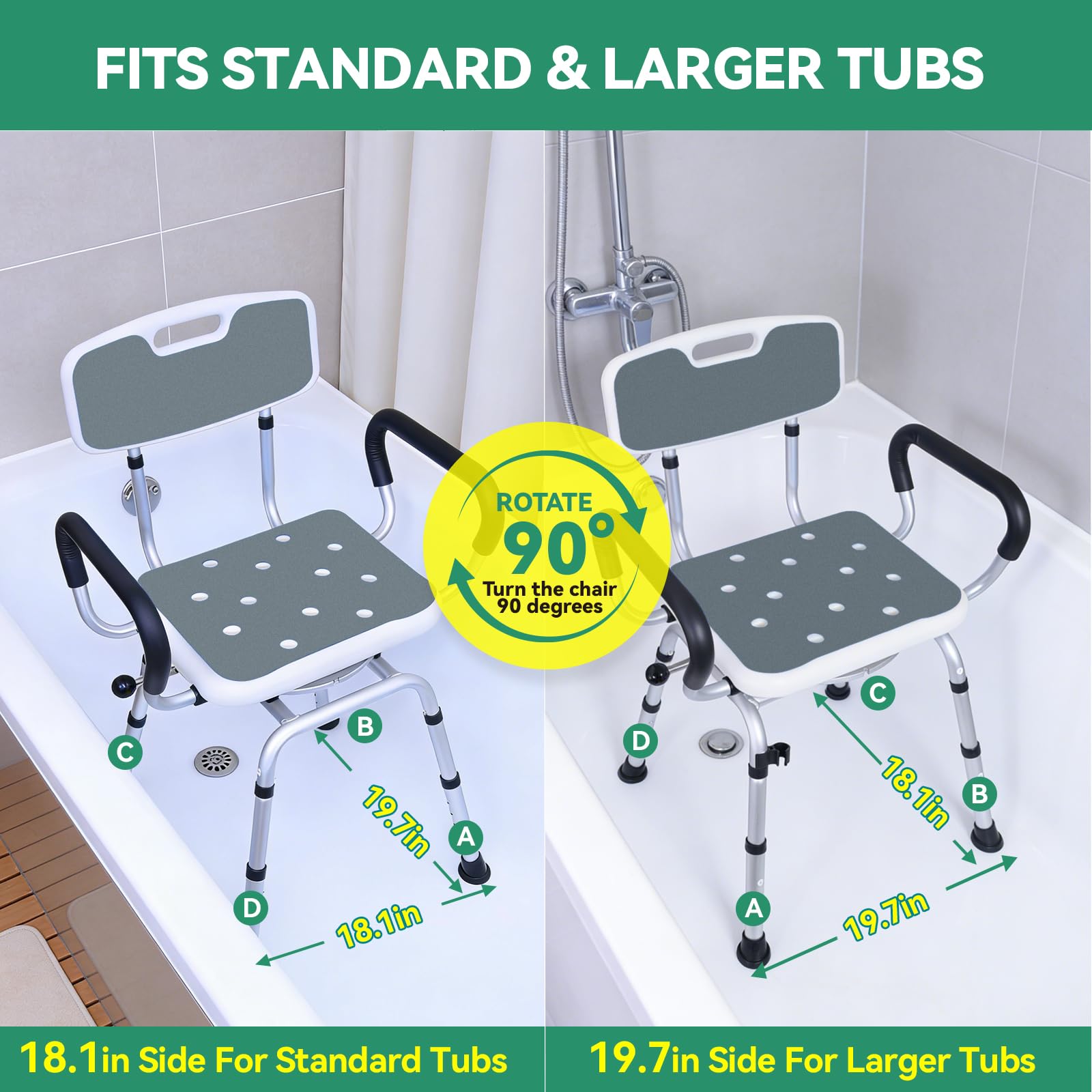 Silla de ducha giratoria con asiento de bloqueo, 400 libras, silla de ducha giratoria de 360° para ancianos y discapacitados, silla de baño ajustable en altura con brazos y respaldo, asiento de ducha