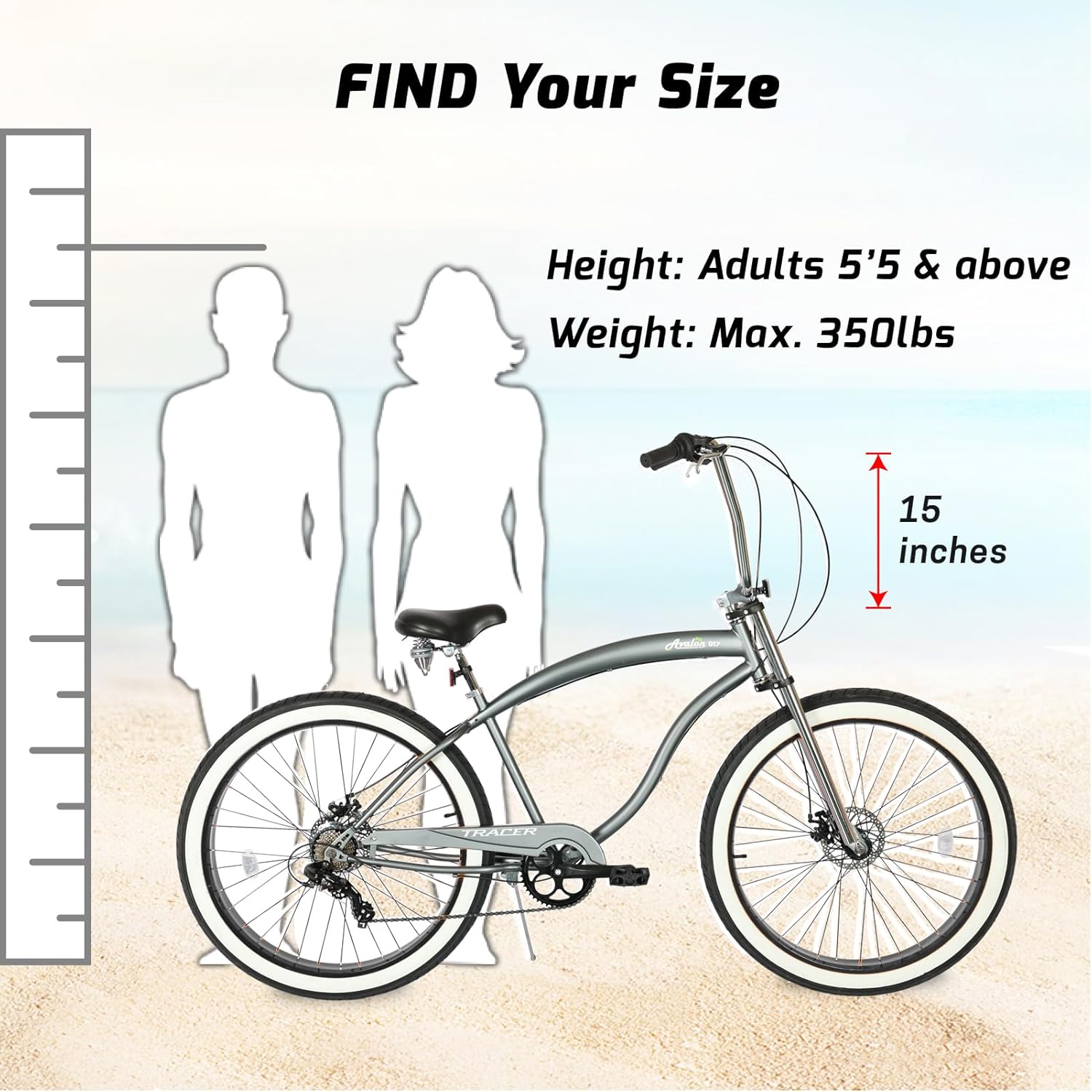 Tracer 26" Avalon GT7 Beach Cruiser Bikes, 7-Speed Disc Brake, Matte Gray Hi-Ten Steel Frame, Dual-Spring Wide Saddle, HI-Rise Cruiser Handlebar for Adults (mgry1)