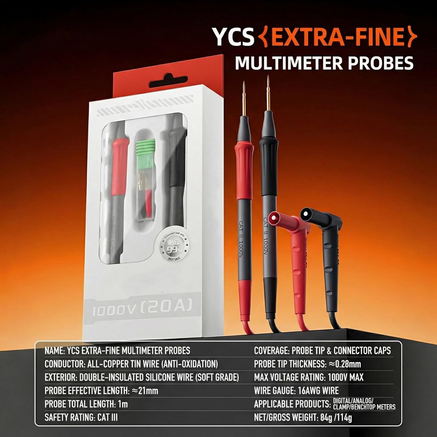 16AWG Multimeter Insulated Test Set, with Very Fine 0.28mm Ultra-Sharp Gold-Plated Test Probes, Professional Test Leads Set, for Accuracy Circuit Board Repair & Multimeter, with Voltmeter, Clamp Meter