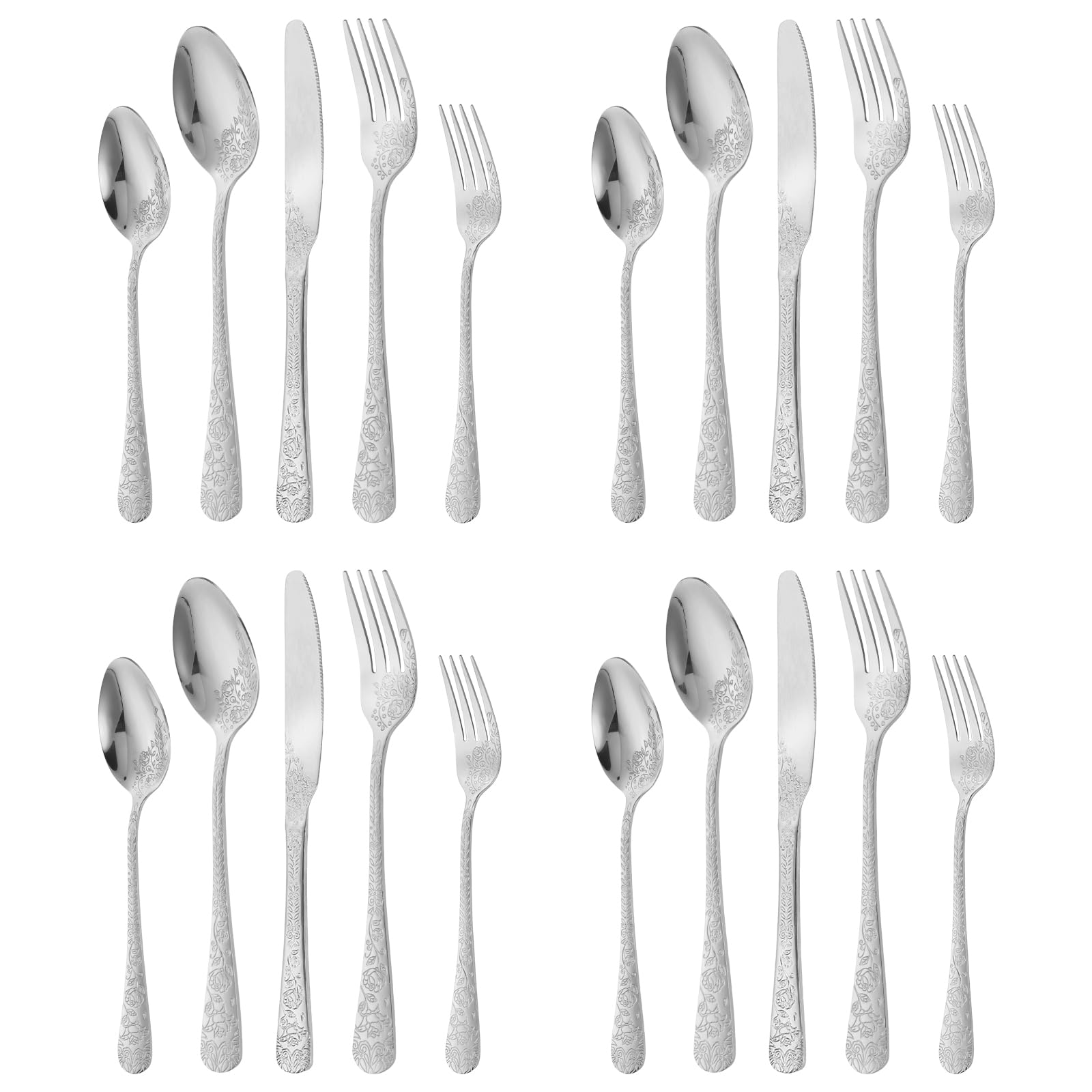 IUokLU 20 Pcs Floral Silverware Set Stainless Steel Cutlery Kit Including Fork Spoon and Knife Vintage Flatware Set for Kitchen Dishwasher Safe Service for 4 (Silver)