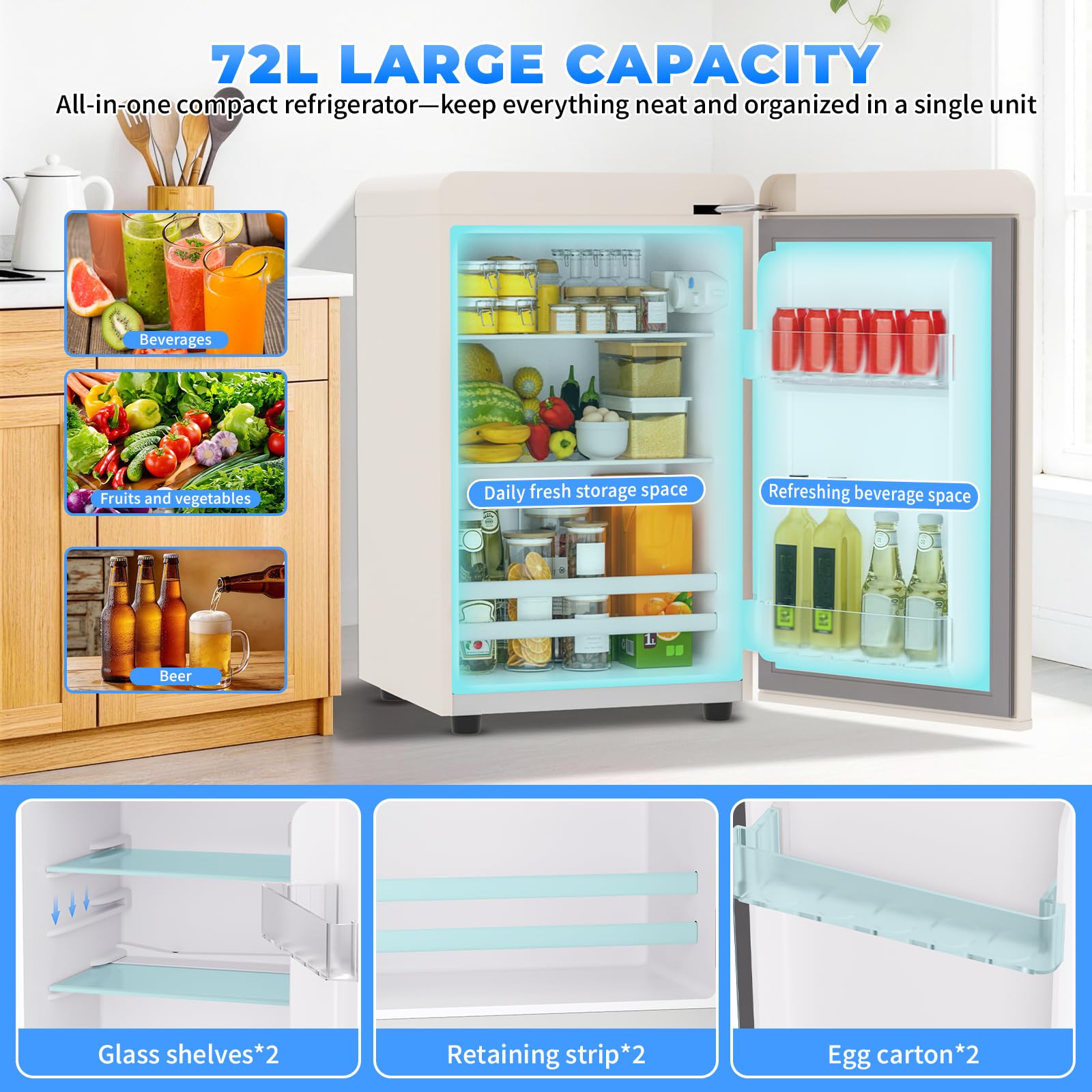Frigorífico retro de 72 l – Silencioso (43 dB), 7 niveles de refrigeración, iluminación interior LED, para dormitorio, oficina, cocina y bar (blanco)