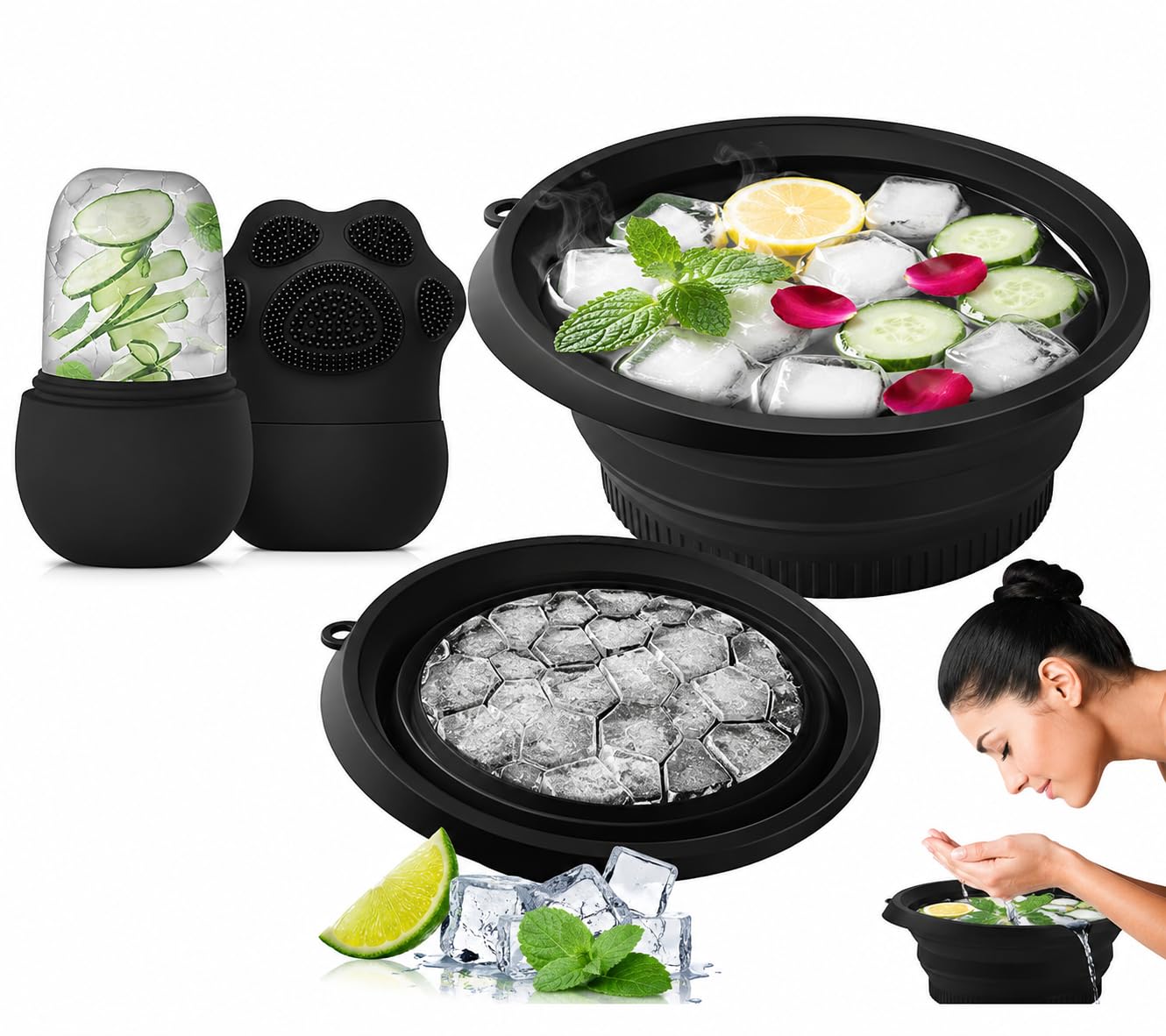 2-in-1 Ice Roller with Silicone Face Scrubber & Silicone Face Ice Bowl with Built-in Ice Tray – Combo Pack of 2 | BPA-Free | Reusable | for De-Puffing, Deep Cleansing & Skin Tightening (Black)-picture-12