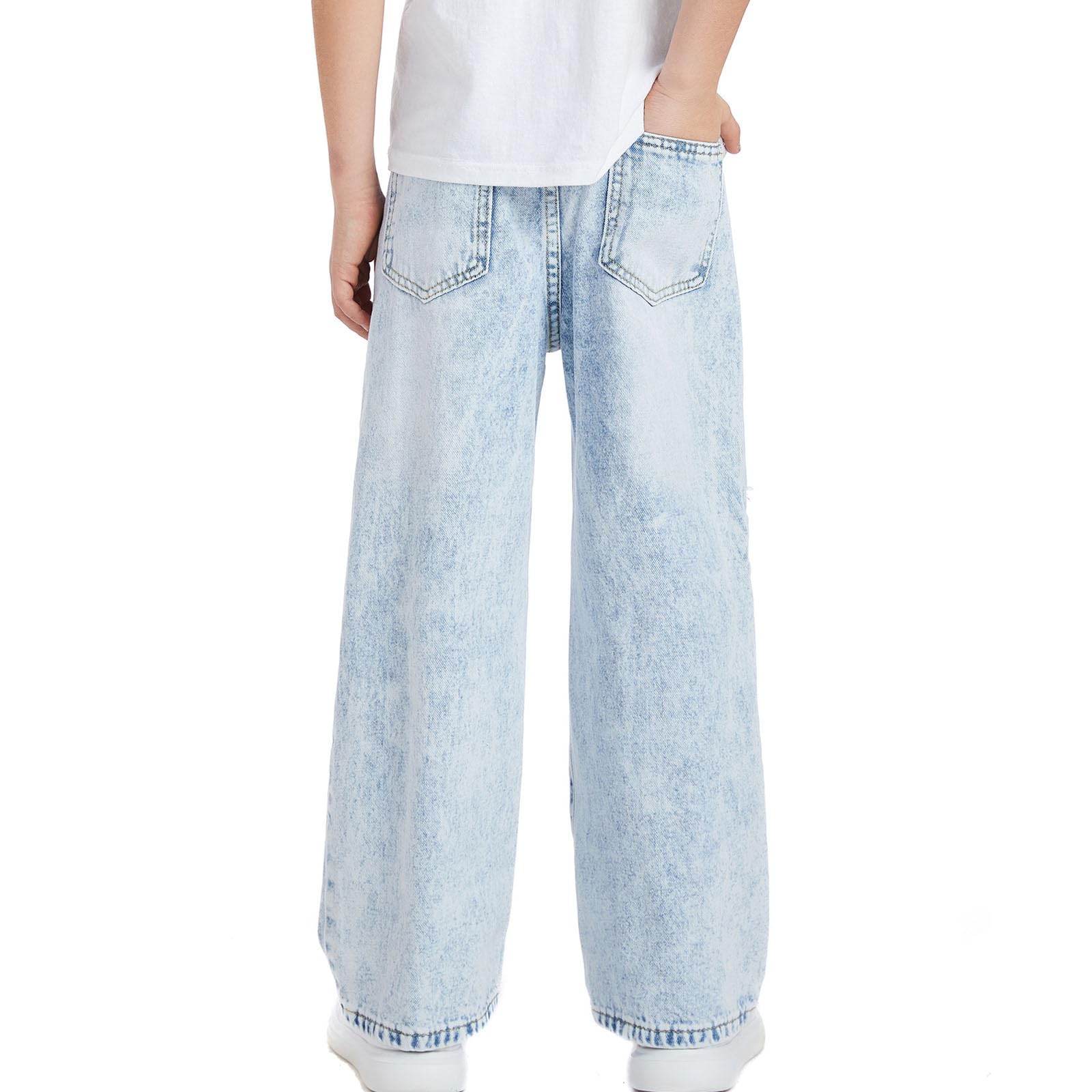 Vaqueros Rotos Niña Niño Cintura Elástica Pantalones Vaqueros Holgado para Niñas y Niños Moda Hip Hop Streetwear Pantalon Vaquero de Perneras Anchas Casual Jeans Rectos Pantalón de Denim 6-13 Años