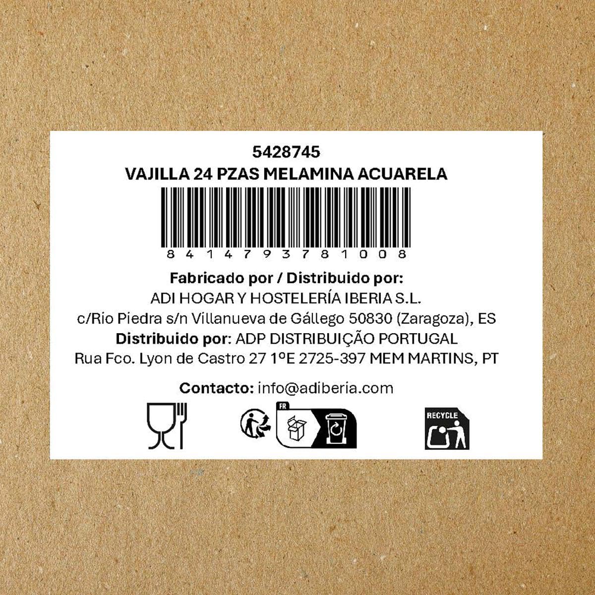 Quid Vajilla Acuarela 24 Piezas - 6 Personas, Melamina 100%, No Apto Microondas, Multicolor