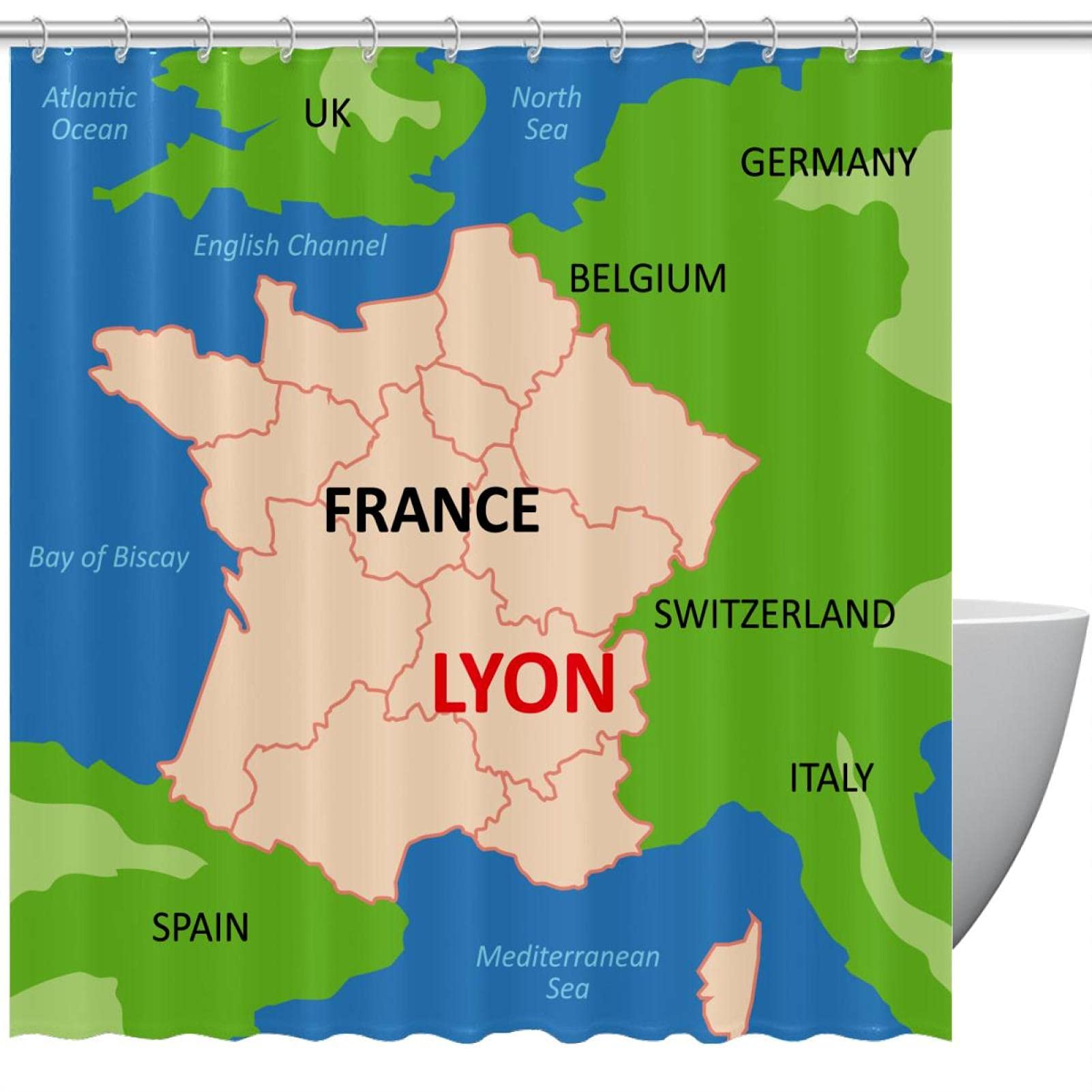 Rideau de douche carte de Lyon étanche 183x183 cm avec 12 crochets pour salle de bain