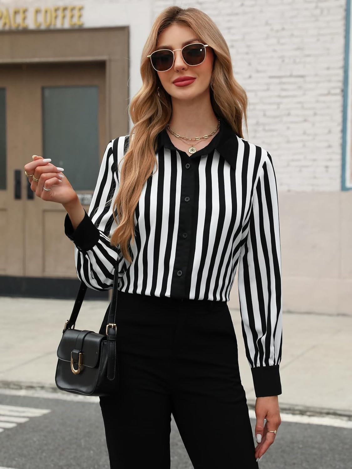 Womens Black and White Striped Button-Down Shirt Long Sleeve Blouse with Contrast Collar - Image 4