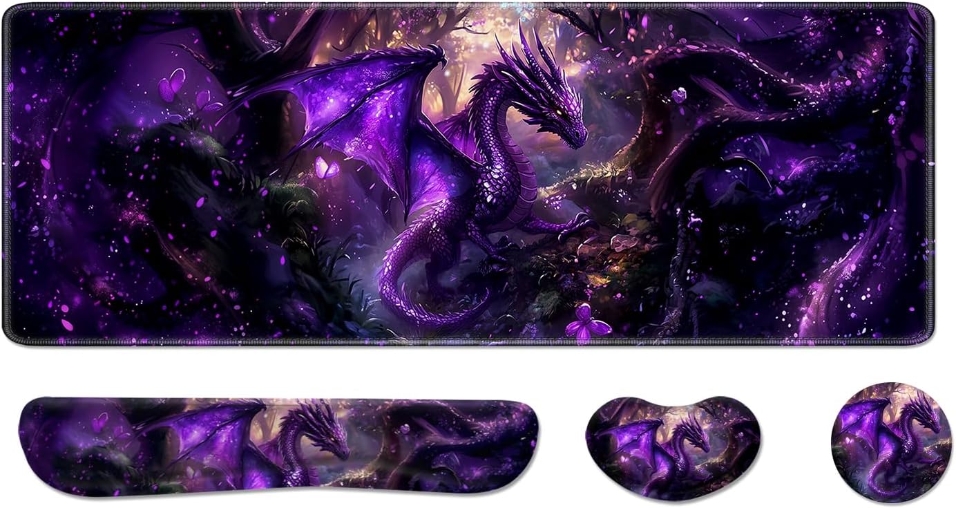 Desk Pad and Keyboard Wrist Rest, Large Mouse Pad + Keyboard Pad+Mouse Wrist Support, Non-Slip Desk Mat Protector for Office, Home 31.5×11.8 Inches Anime Dragon