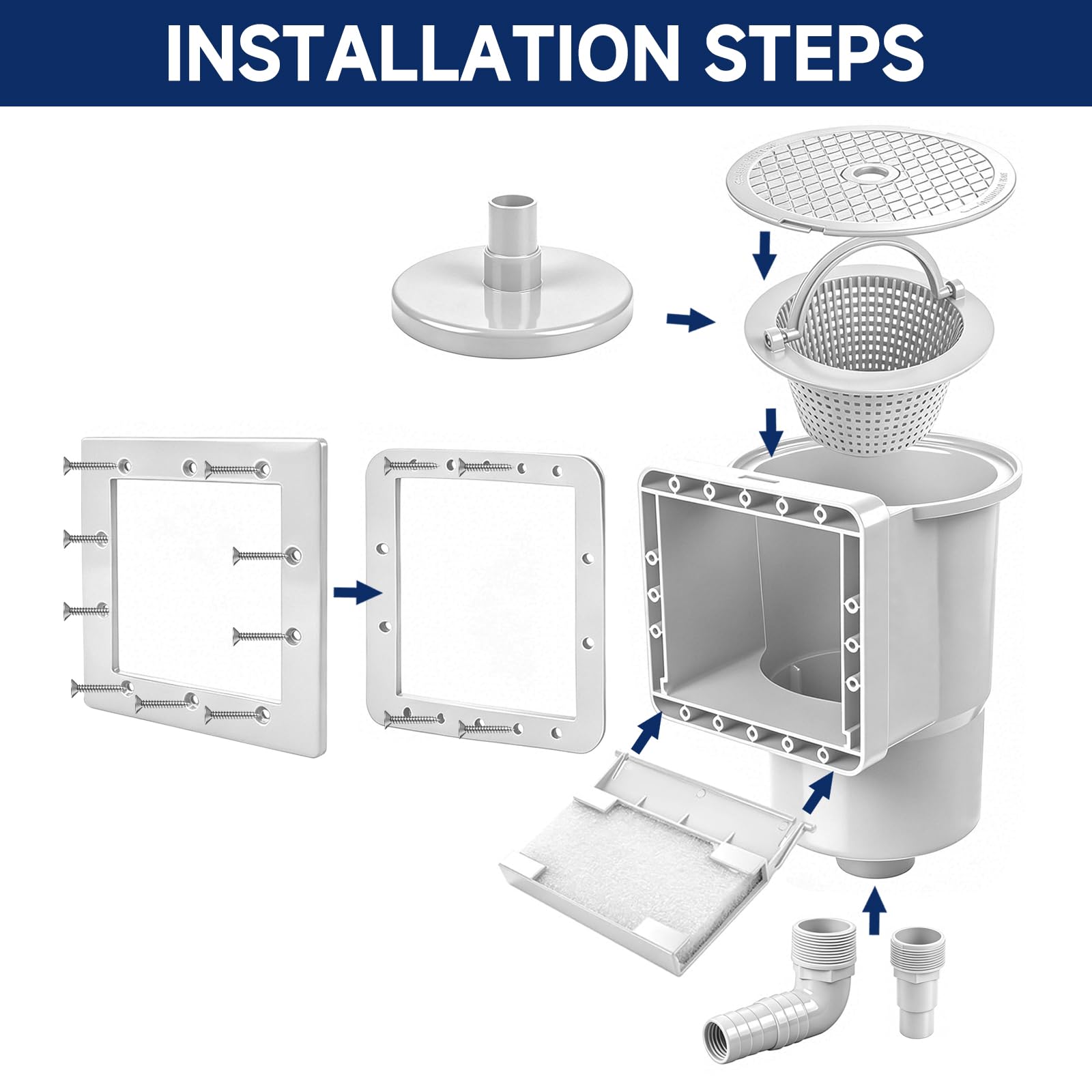 Set di skimmer per piscina, skimmer da incasso, con ugello di ingresso e altri accessori, set completo per piscine a parete in acciaio, ugello di ingresso, cestello grande con attacco per tubo da 32
