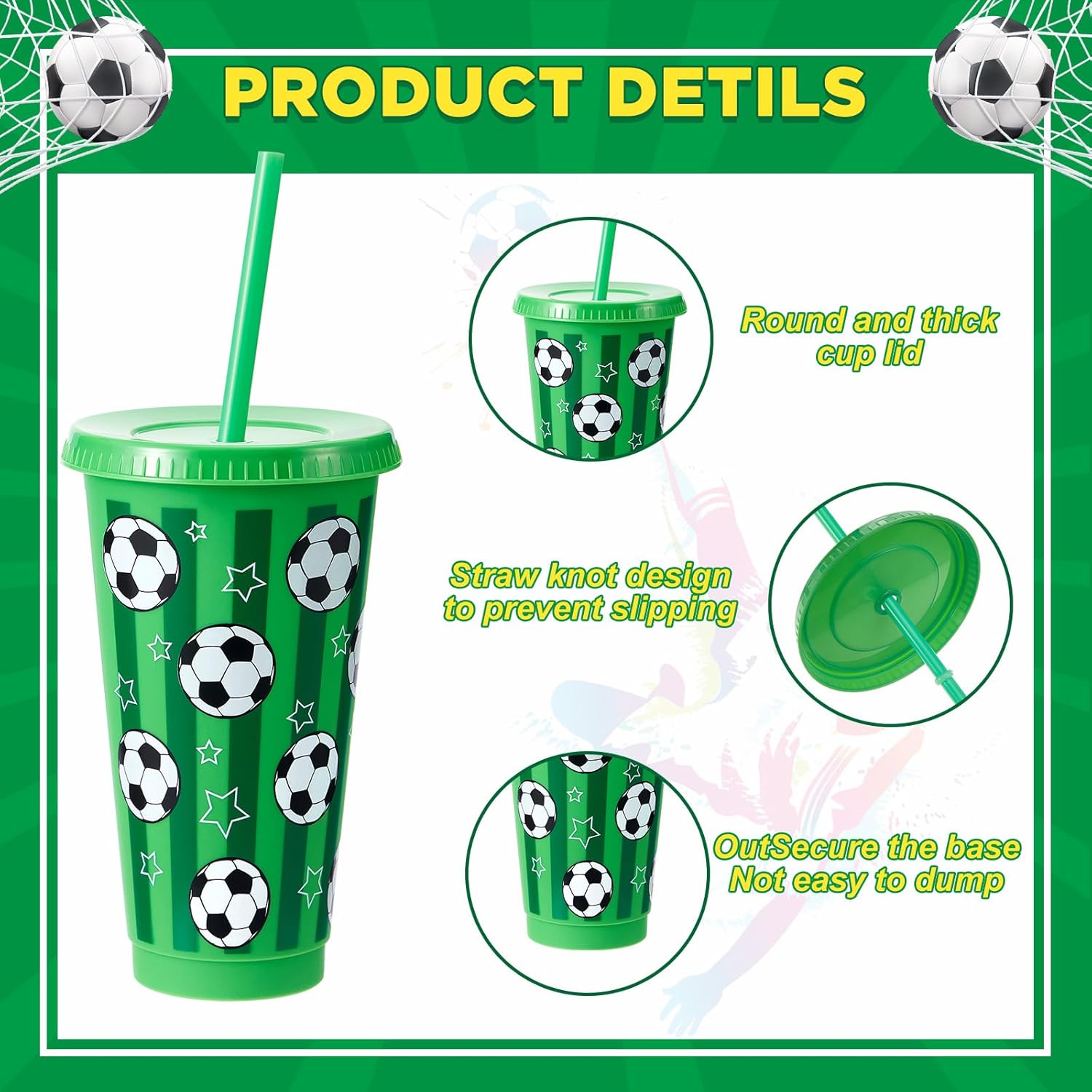 Uiifan 24 Pcs Plastic Soccer Cups 24 oz Reusable Tumbler with Lid and Straw Sports Gifts for Coach Boyfriend Fan Men Women Soccer Party Favors Sports Themed Party Decorations - Image 3