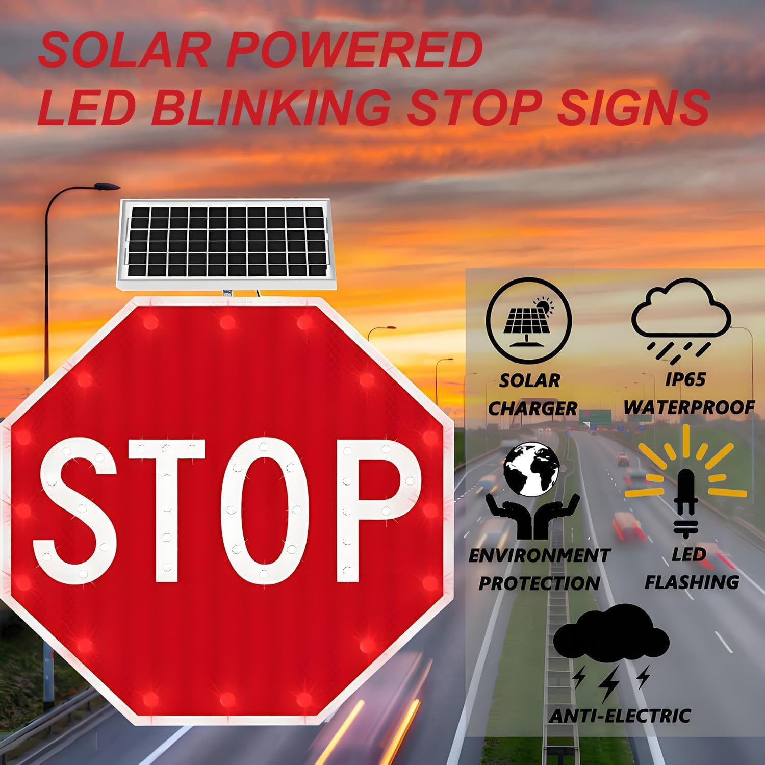 Señales de tráfico solares Intermitentes, señal de tráfico Octagonal de Aluminio, con película Reflectante de Grado Industrial, señal de Stop LED Intermitente con energía Solar 32IN-2