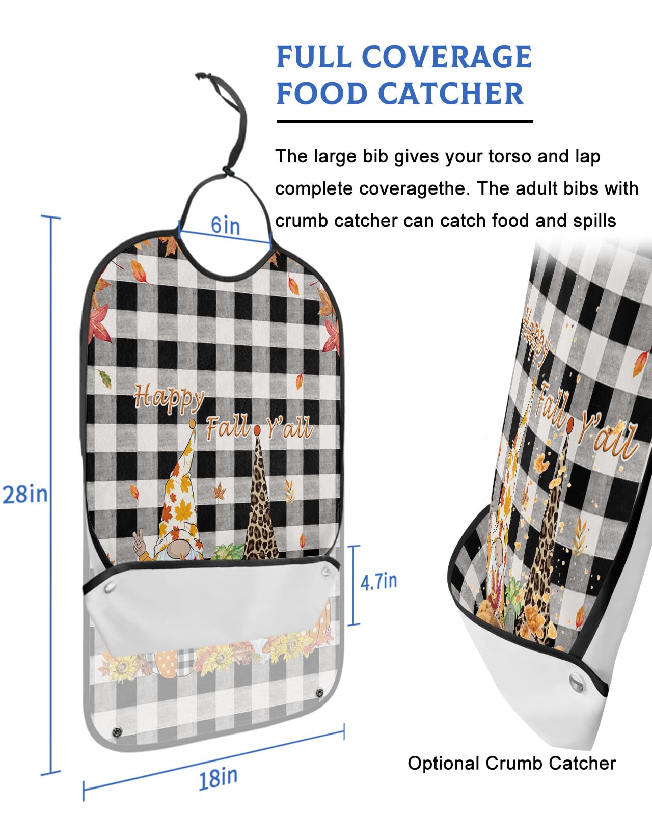 Thanksgiving Gnomes Adult Bibs for Eating, Waterproof Bibs with Food Catcher & Adjustable Snap Closure, Black and White Plaid Pumpkin Washable Clothing Protectors Adult Bibs for Elderly Women/Men