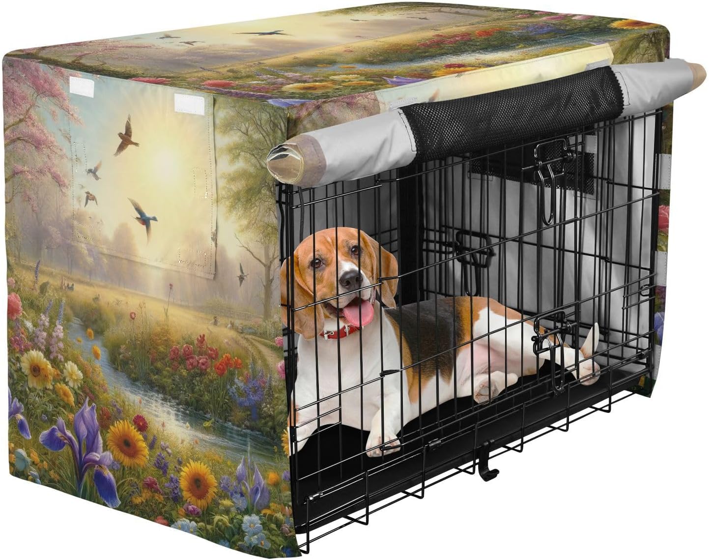 Summer Beautiful Flowers Dog Crate Cover Universal Size Fit, Pet Crate Cover with Roll-up Sides, X-Large