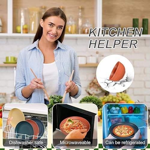 Miniatura 6 de Pinkunn Juego de vajilla de paja de trigo de 64 piezas con cubiertos de acero inoxidable irrompibles y cuencos coloridos para cocina, microondas,