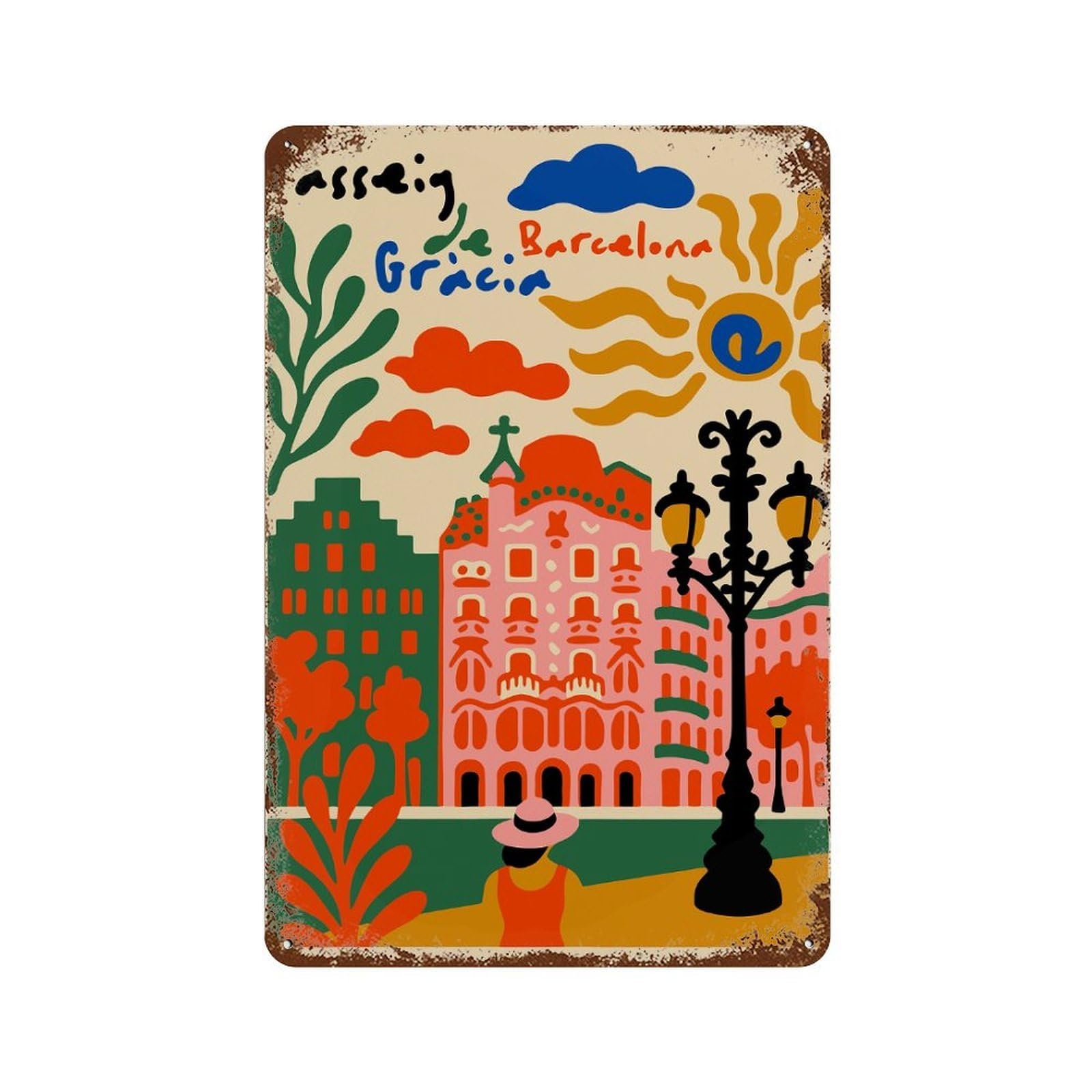 Passeig De Gràcia, Barcelona Illustration Decorative Tin Sign 11.8"x7.9", Shabby Chic Decor for Garage, Pub Or Kitchen