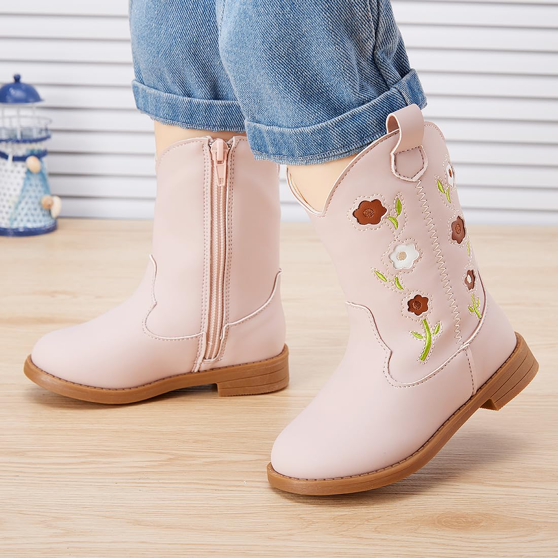 BMCiTYBM Toddler Girls Cowgirl Boots Little Kids Mid Calf Western Boots Flower Cowboy Boots Pointed Toe Riding Shoes Pink Size 7 Toddler