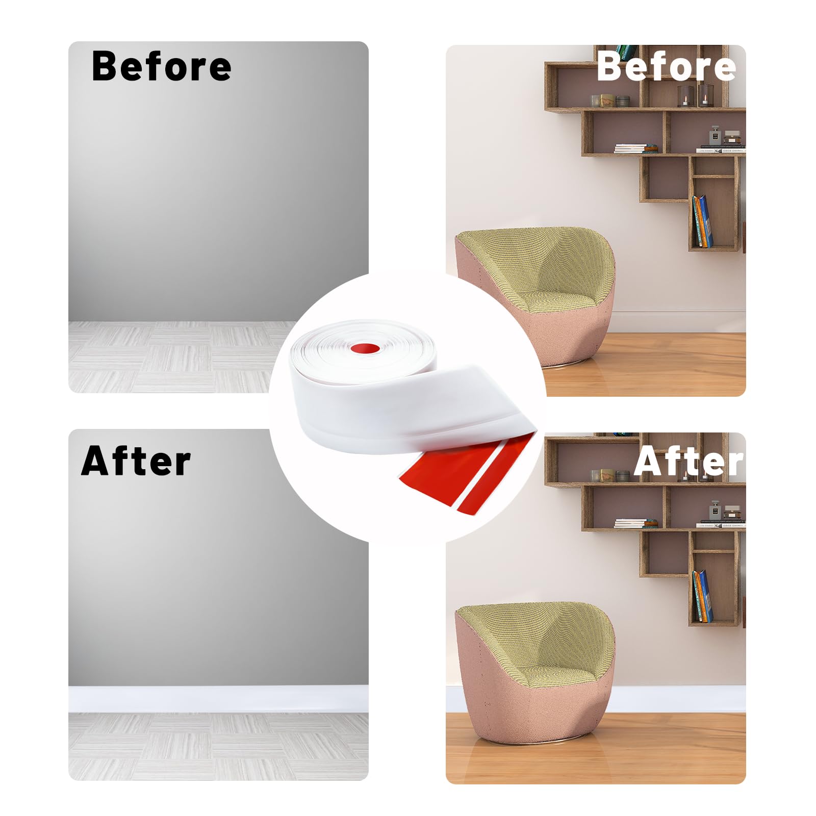 Rodapiés Flexible Autoadhesivo, 50x20mmx12M Rodapie PVC Adhesivo, Zocalos Autoadhesivos, Embellecedor Encimera Cocina, Rodapié Plegable Cinta para Cocina Baño, Zocalo de Cocina, Blanco