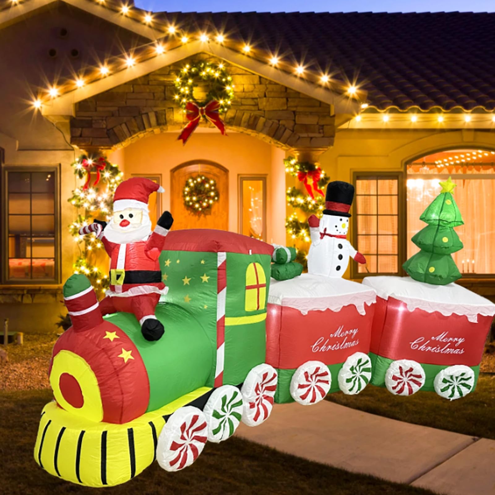 Train Gonflable Lumineux Père Noël 8 Pieds - Sur Roues - Déco Noël