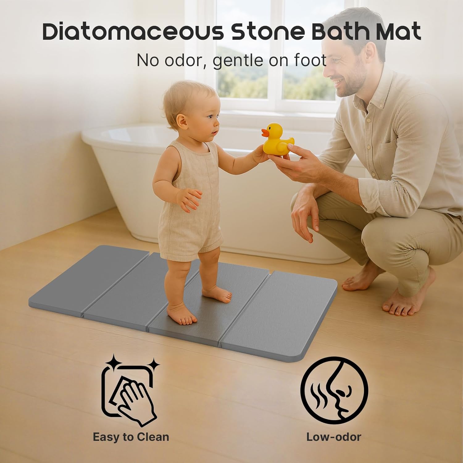 ArtyCozy Extra Large Foldable Stone Bath Mat with Non-Slip Rubber Back, 31.5" x 19.7", Super Absorbent Quick Drying Diatomaceous Earth Mat for Bathroom, Easy to Store, Easy to Clean, Grey