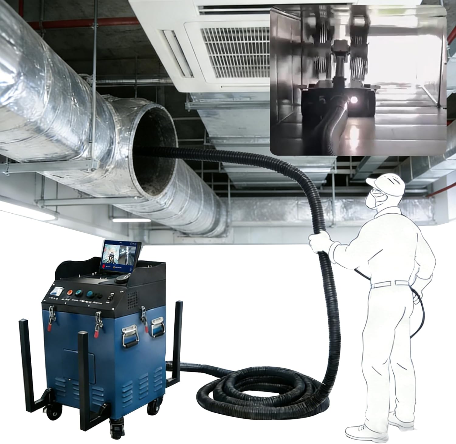 TECHTONGDA 2800W Ventilation Duct Cleaning Robot with Dual Cameras and LED Lighting, Sweeping & Suction Central Air Conditioning Pipe Cleaning Machine for 9.84"-31.5" Pipe, 110V/220V w/Transformer