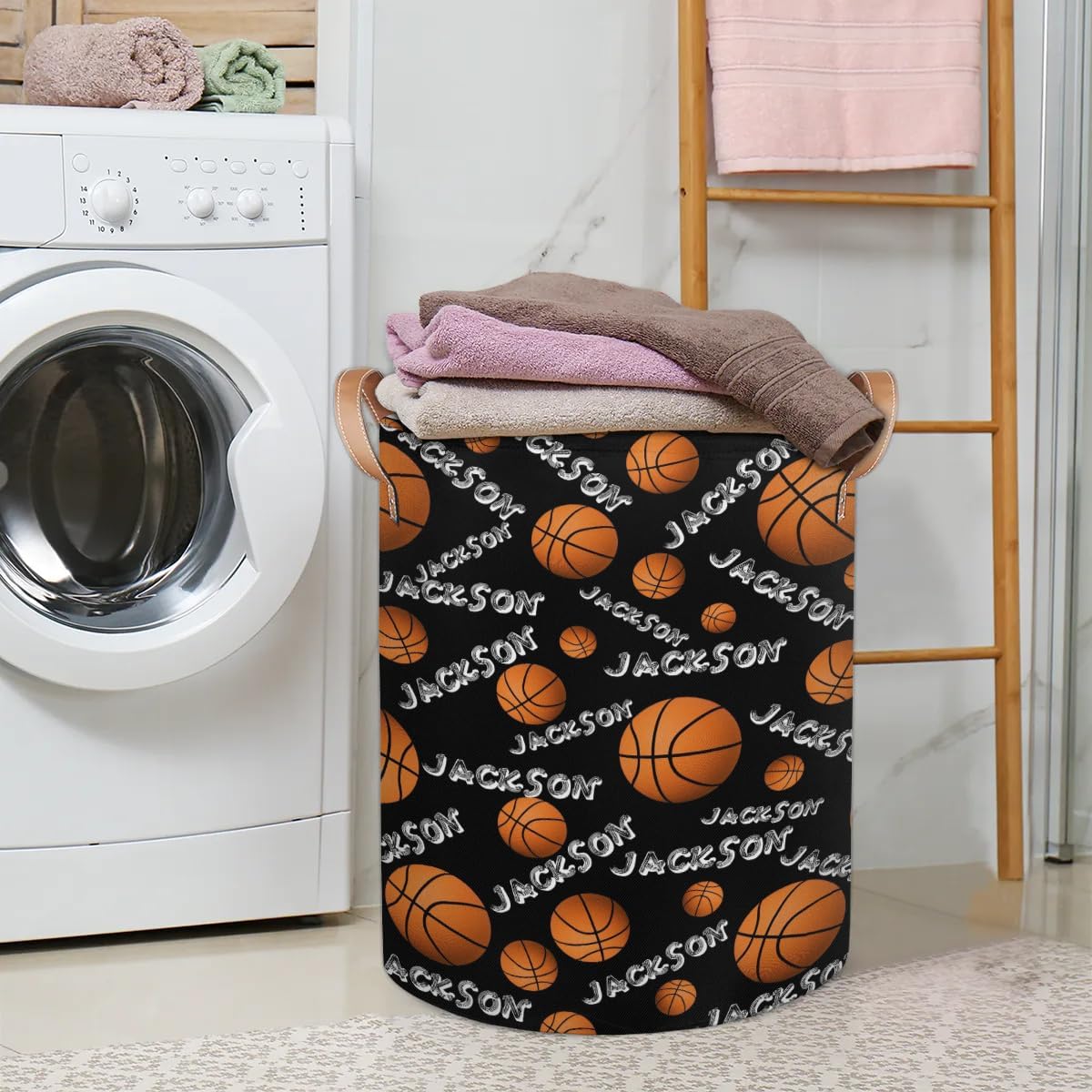 Personalized Laundry Basket, Custom Gift Laundry Hamper, Collapsible Nursery Waterproof Laundry Baskets, Dirty Clothes Toy Hamper with Handles Black Basketball Text