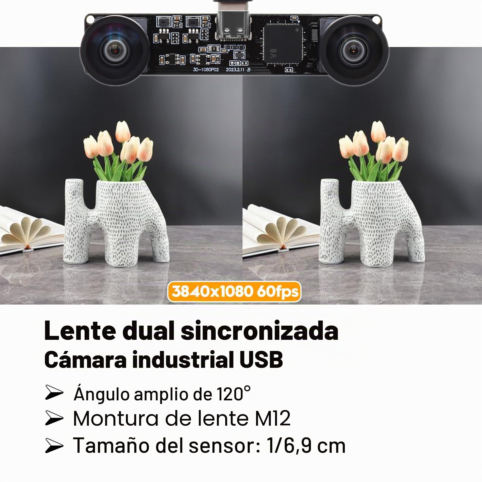 Svpro Módulo de cámara USB Dual Lens 1080P 60fps UVC Industrial Tarjeta de Sincronización Grabación a Color con Doble Lente M12, Cámara Gran Angular sin distorsión para 3D, VR,