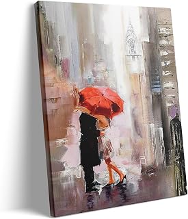 Valentine's Day Canvas Wall Art Decor - 20X24 inch Romantic Couple with Red Umbrella in Cityscape, Impressionist Style Painting, Love in Rain Artwork, Wall Art Decor for Bedroom or Living Room