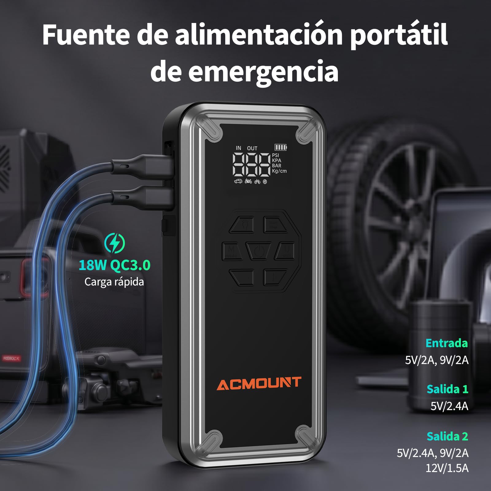 Acmount Arrancador de Baterias de Coche 7000A, Arrancador de Coches Compresor de Aire 150 PSI, Booster Bateria 12V (para All Gas o 12L Diesel) con Pantalla LCD, Linterna LED de 800 Lúmenes