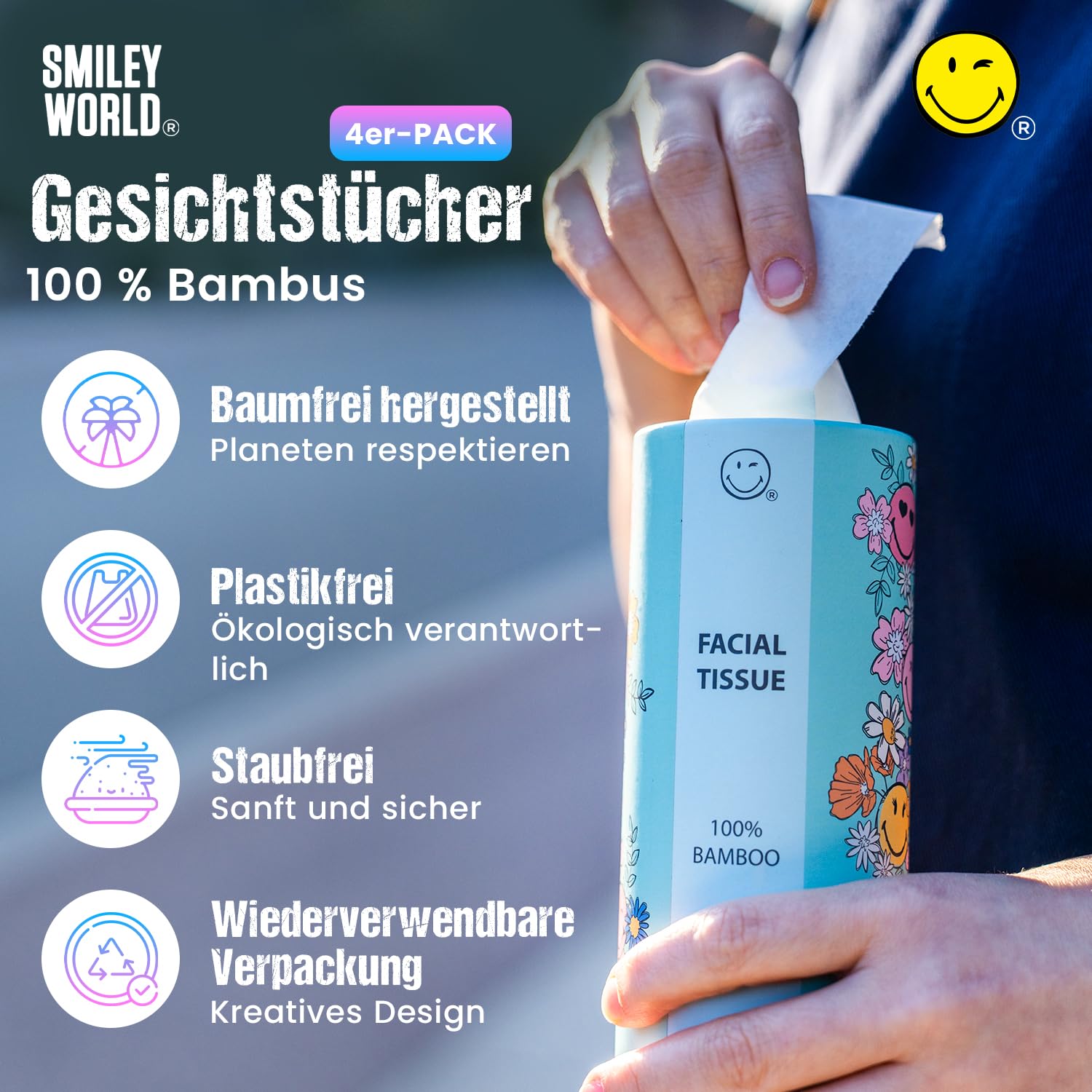SmileyWorld - Chusteczki cylindryczne - 100% bambus - 3 warstwy - Design Smiley World - Kompaktowy rozmiar do samochodu, domu, plecaka, fotelika dziecięcego, szkolnego – 12 cylindrów