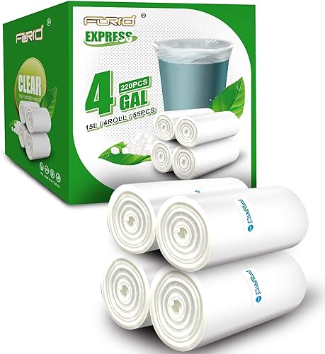 FORID Bolsas de basura pequeñas transparentes, bolsas de basura de 4 galones, 220 bolsas de basura de plástico para baño, dormitorio, oficina, bote