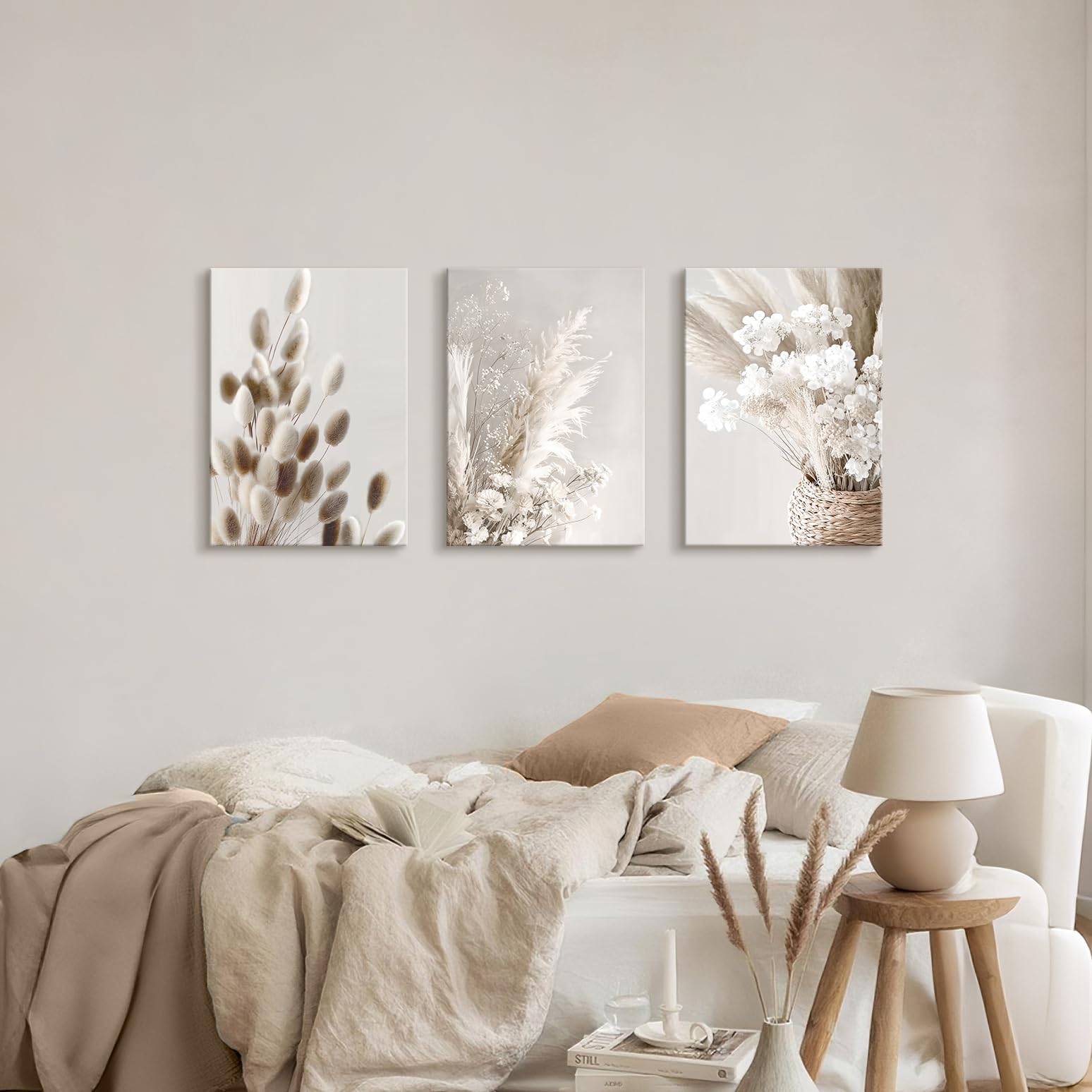WENGTIAO Set of 3 Beige Reed Floral Canvas Wall Art Prints Framed Pictures Modern Aesthetic Boho Minimalist Beige Flowers Painting on Canvas for Living Room Bedroom Home Wall Decor 40x60cmx3 - Image 3