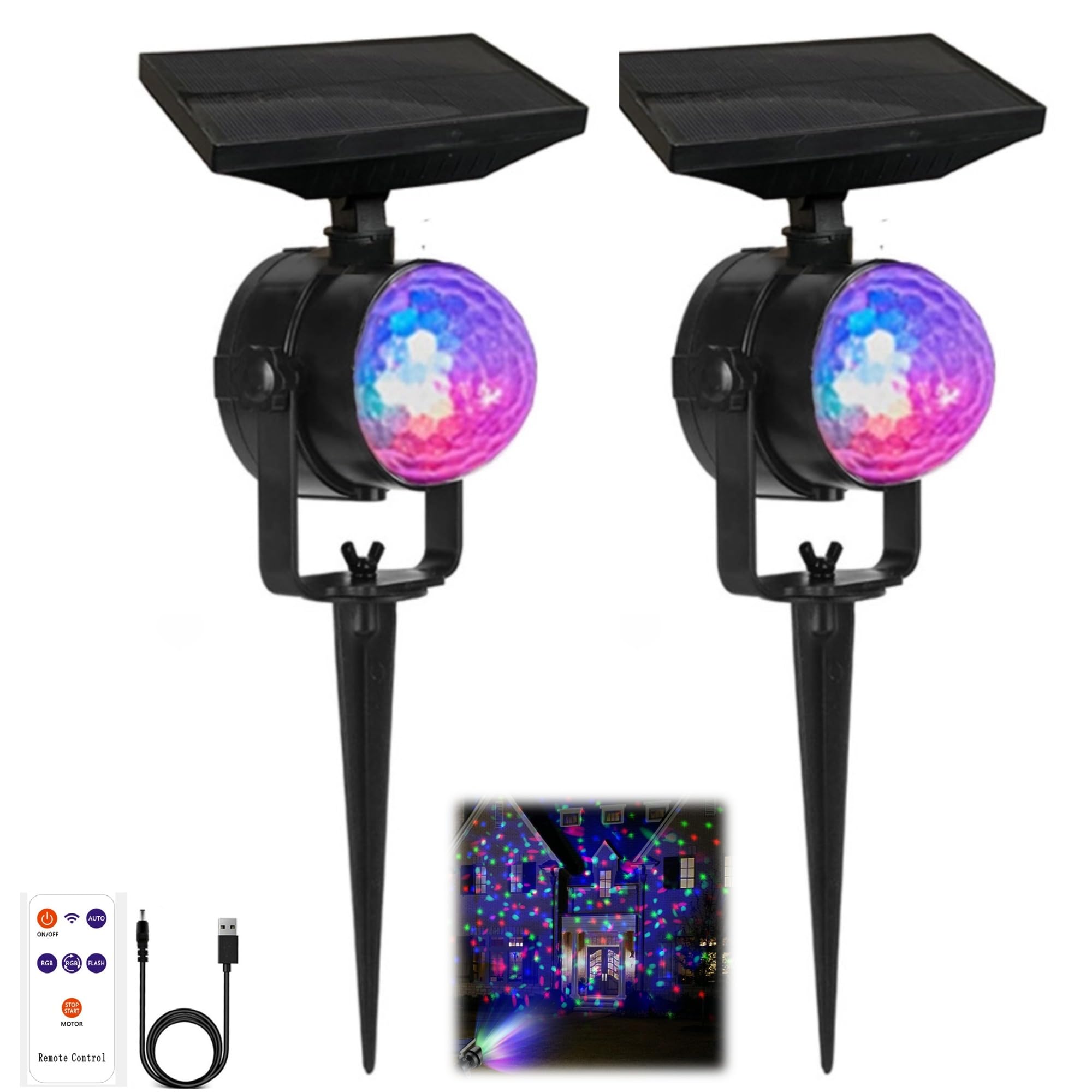 WREWING 2 Pack Solar Projector Lights Outdoor, Waterproof Spotlight with Remote & USB, Halloween Christmas Yard Party Decor