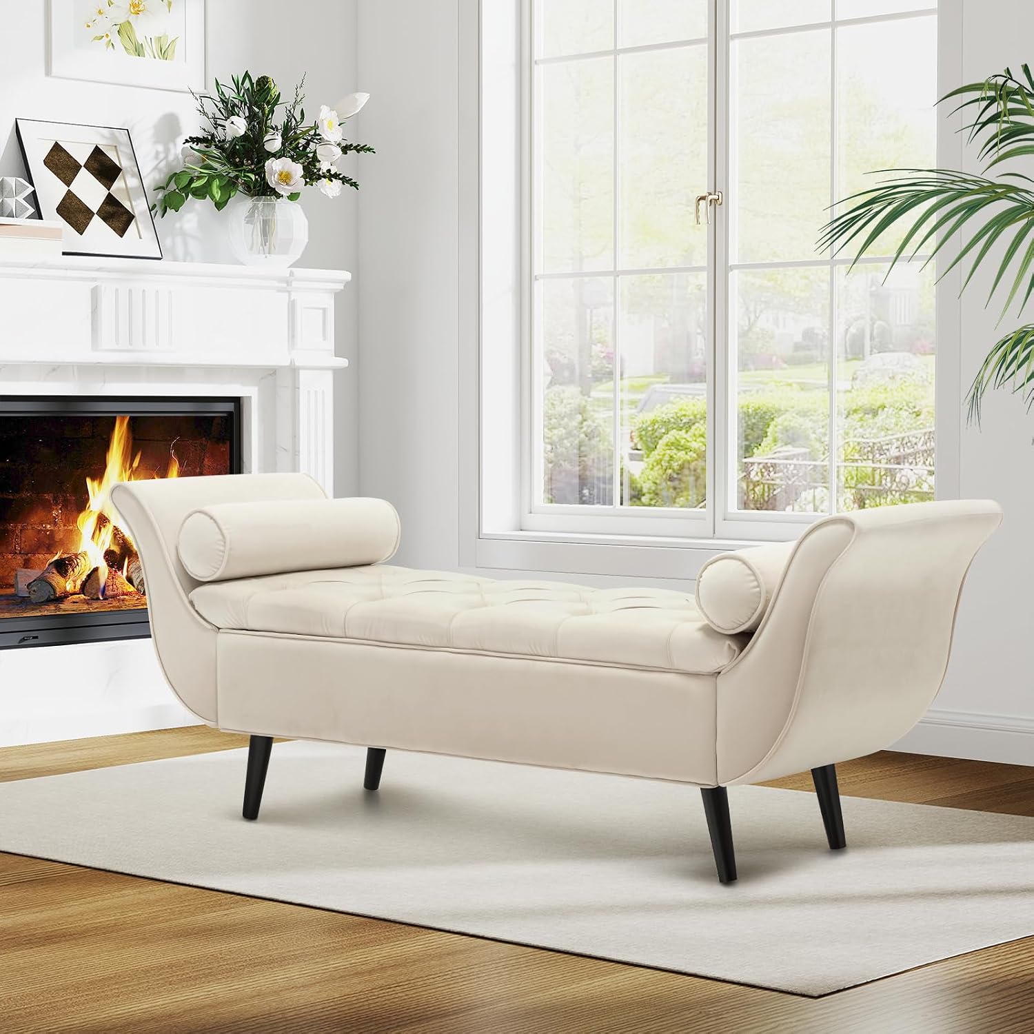 Storage Bench for Bedroom, 65" End of Bed Bench King Size, Comfy Velvet Tufted Upholstered Window Bench Indoor, Foot of Bed Storage Ottoman Long Seating with Arm for Living Room Entryway, Begie