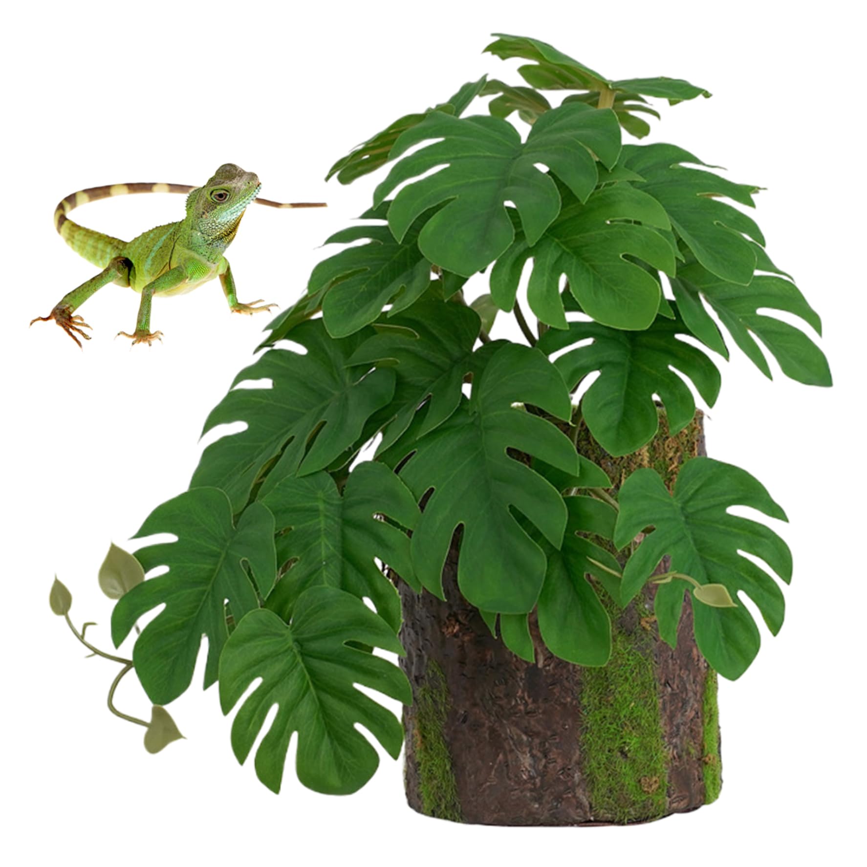 Grsrkep Reptile Plants Monstera Plant with Tree Stump Decor Artificial Monstera Plant Terrarium Plants Amphibian Habitat Hideout Reptile Tank Accessories