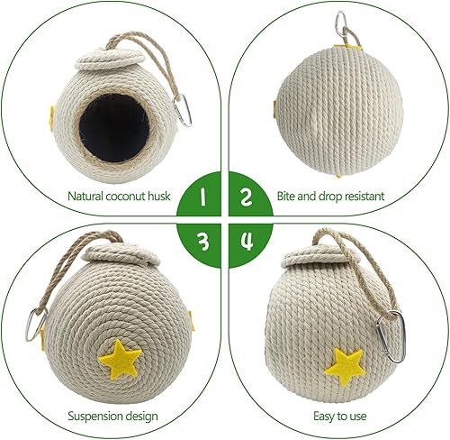 Vista 12 de Tfwadmx Casa colgante para pájaros con escalera, fibra de coco natural, nido de pájaros, conchas de coco, escondite, agapornís, columpio, juguetes