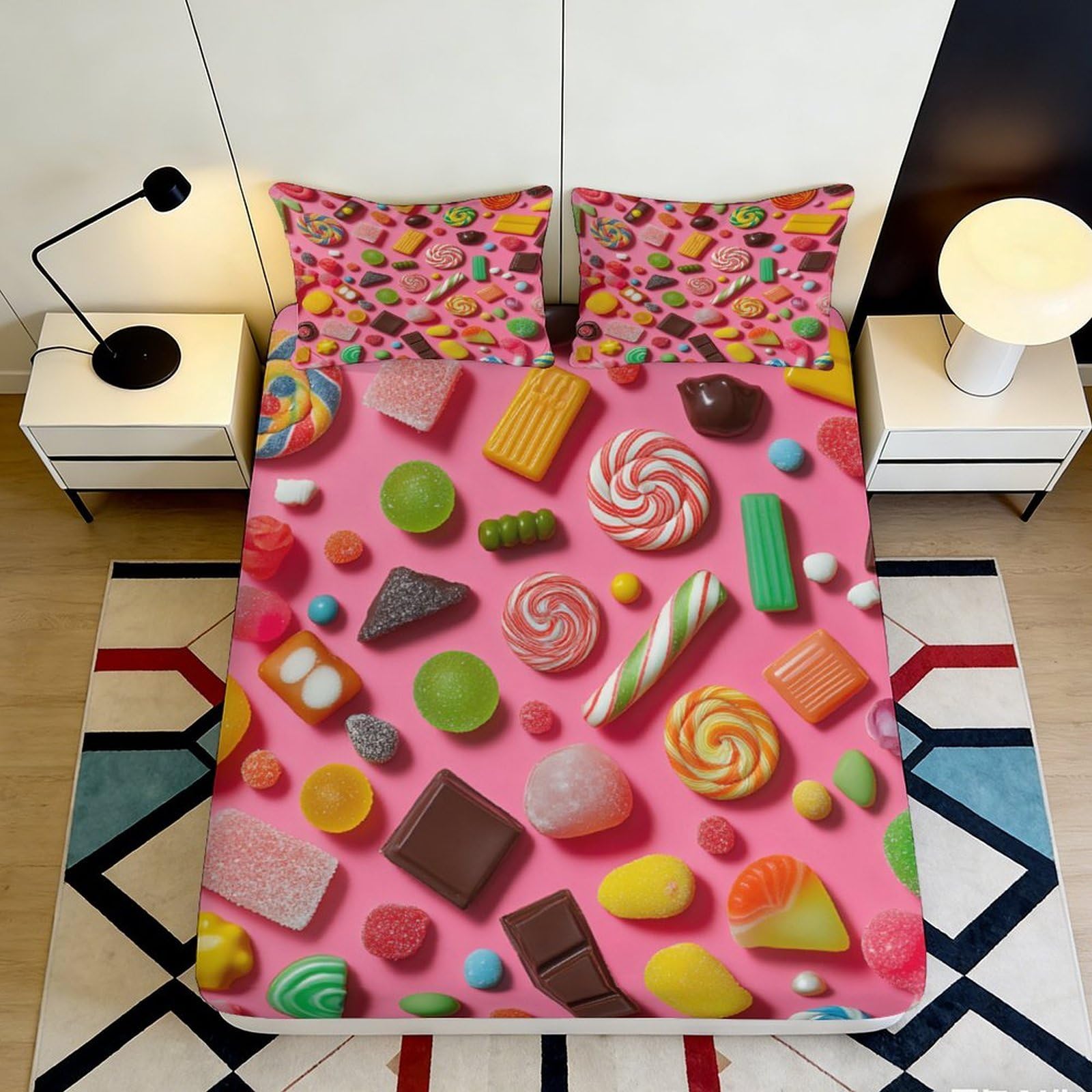 3D Printed Candy Sweets Fitted Sheet Microfiber Soft Pink Colorful Dessert Mattress Cover Bedroom Dorm Home Decor 90x200x25cm