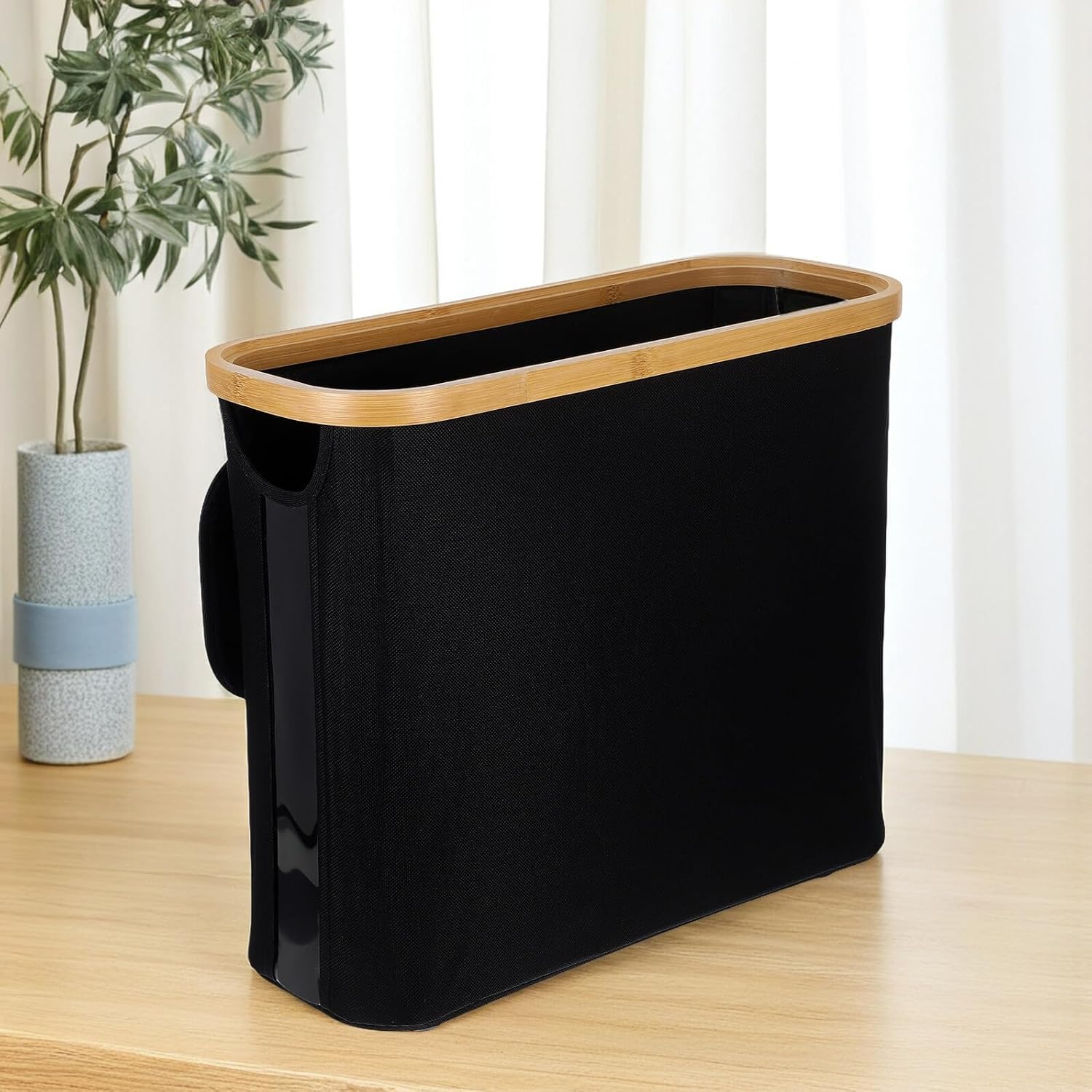 BESPORTBLE Toilet Paper Storage Basket with Lid and Side Window Fabric Cover, Small Bathroom Organizer Bin for Tissue Rolls, Black Bathroom Toilet Holder for Living Room and Washroom