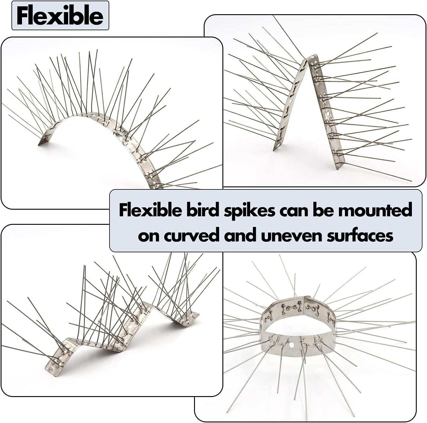 Image showing AOKKR bird spikes bending to fit curved surfaces, demonstrating flexibility.