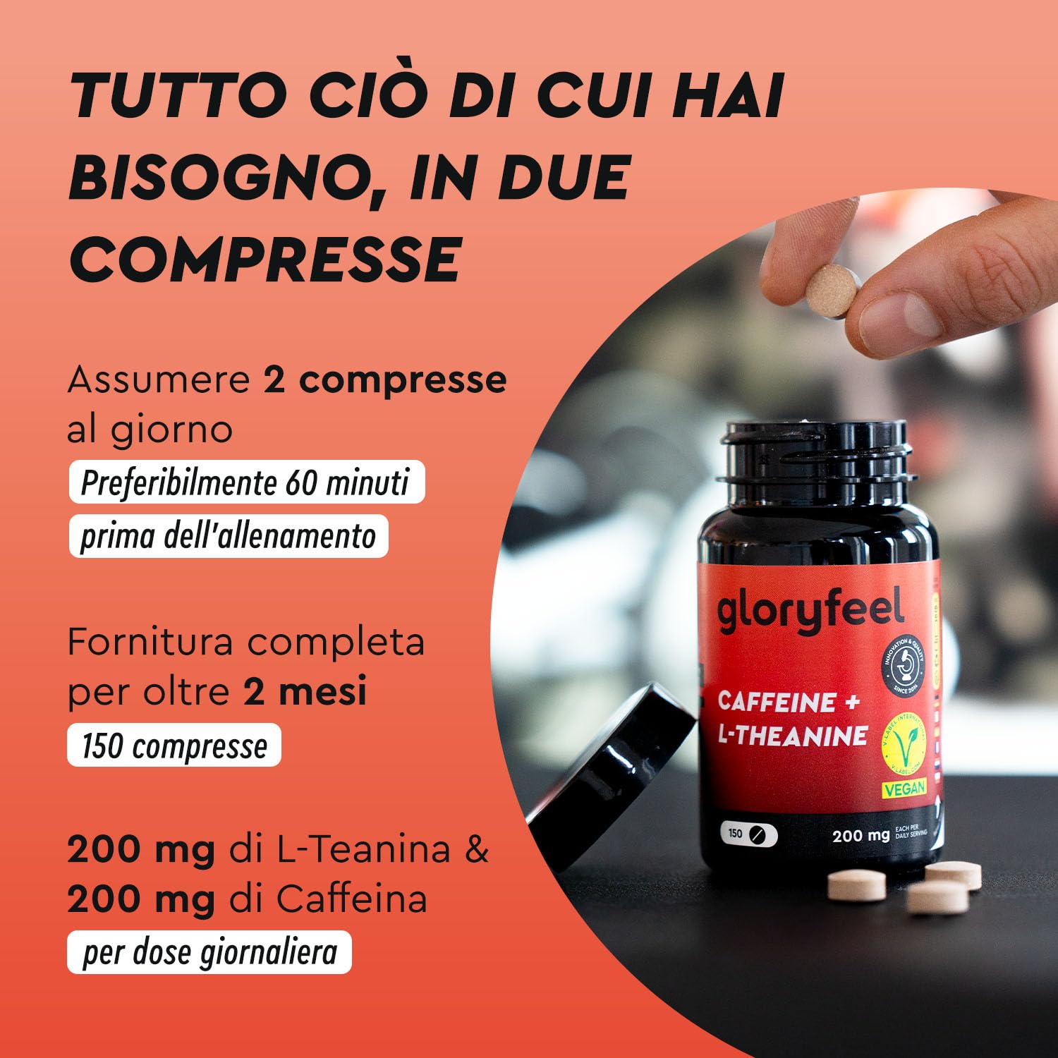 Caffeina + L-Teanina ad alto Dosaggio - 150 Compresse con 200mg di Caggenia + 200mg di L-Teanina da Estratto di Tè verde per dose giornaliera - 100% vegano e testato in Laboratorio